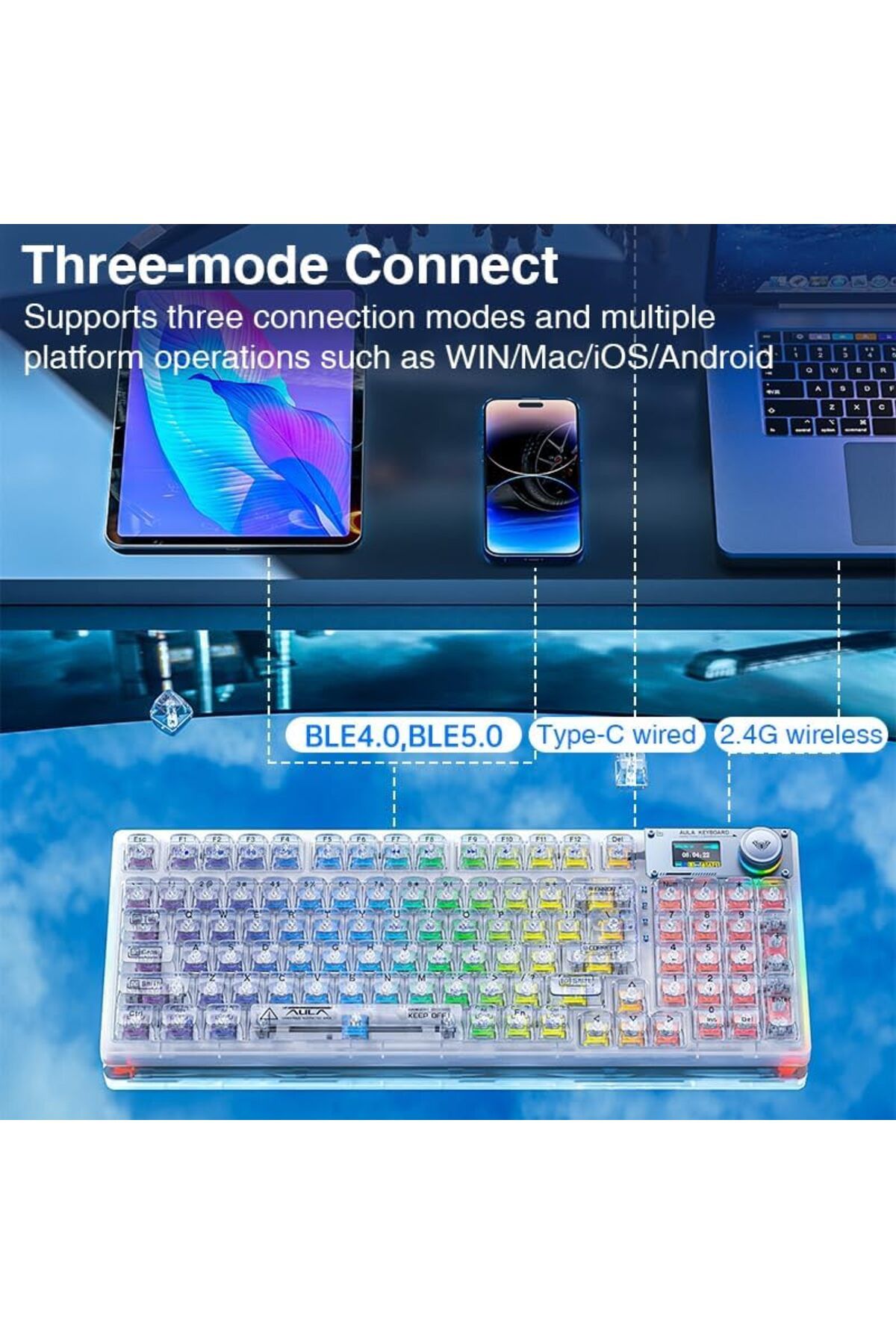 Aula-F98 PRO 95% Tri-Mode RGB Wireless Mechanical Gaming Keyboard, Crystal Switches with OLED Screen 2