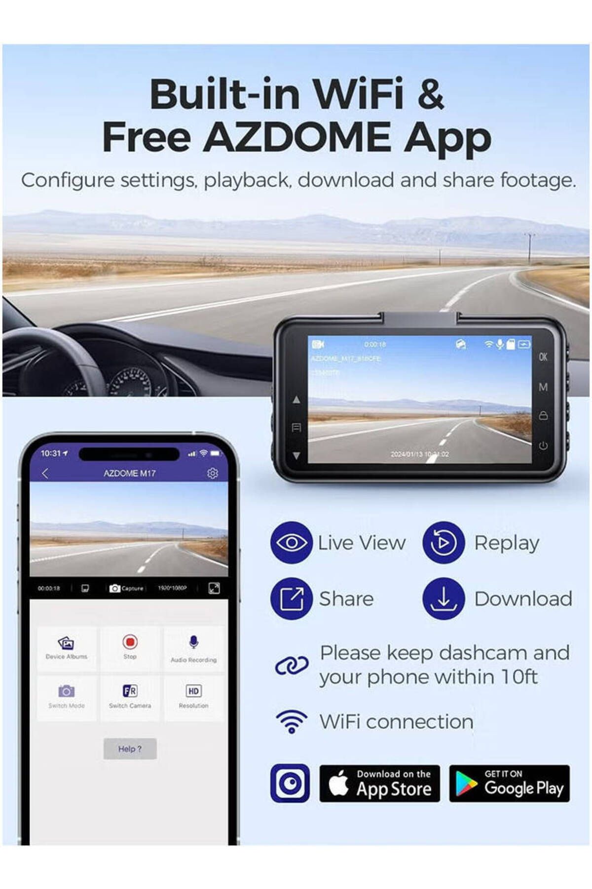 AZDOME-M17 Pro WiFi Front + Rear Dash Cam, FHD 1080P Car Driving Recorder ADAS, G-Sensor Loop Recording 6