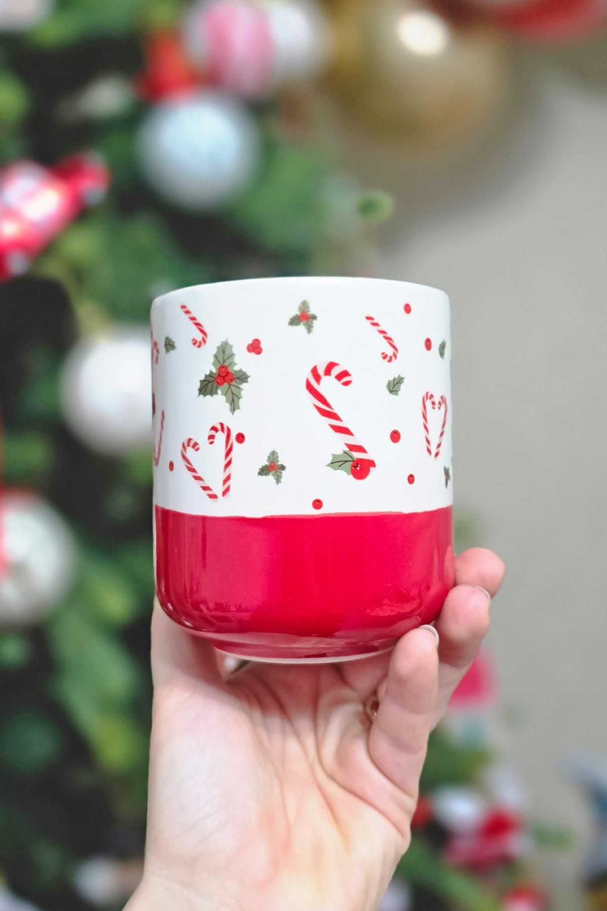 PEKSHOP-Christmas Cup Red Candy Cane Patterned Cane Candy Figure Mug Cup 3