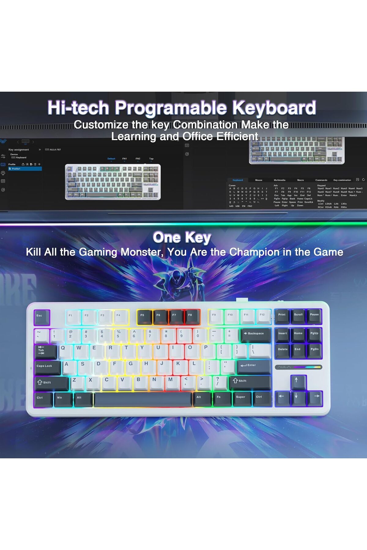 Aula-F87 80% Tri-Mode RGB Wireless Mechanical Gaming Keyboard, Greenwood V3 Switches TKL Hot Swappable 7