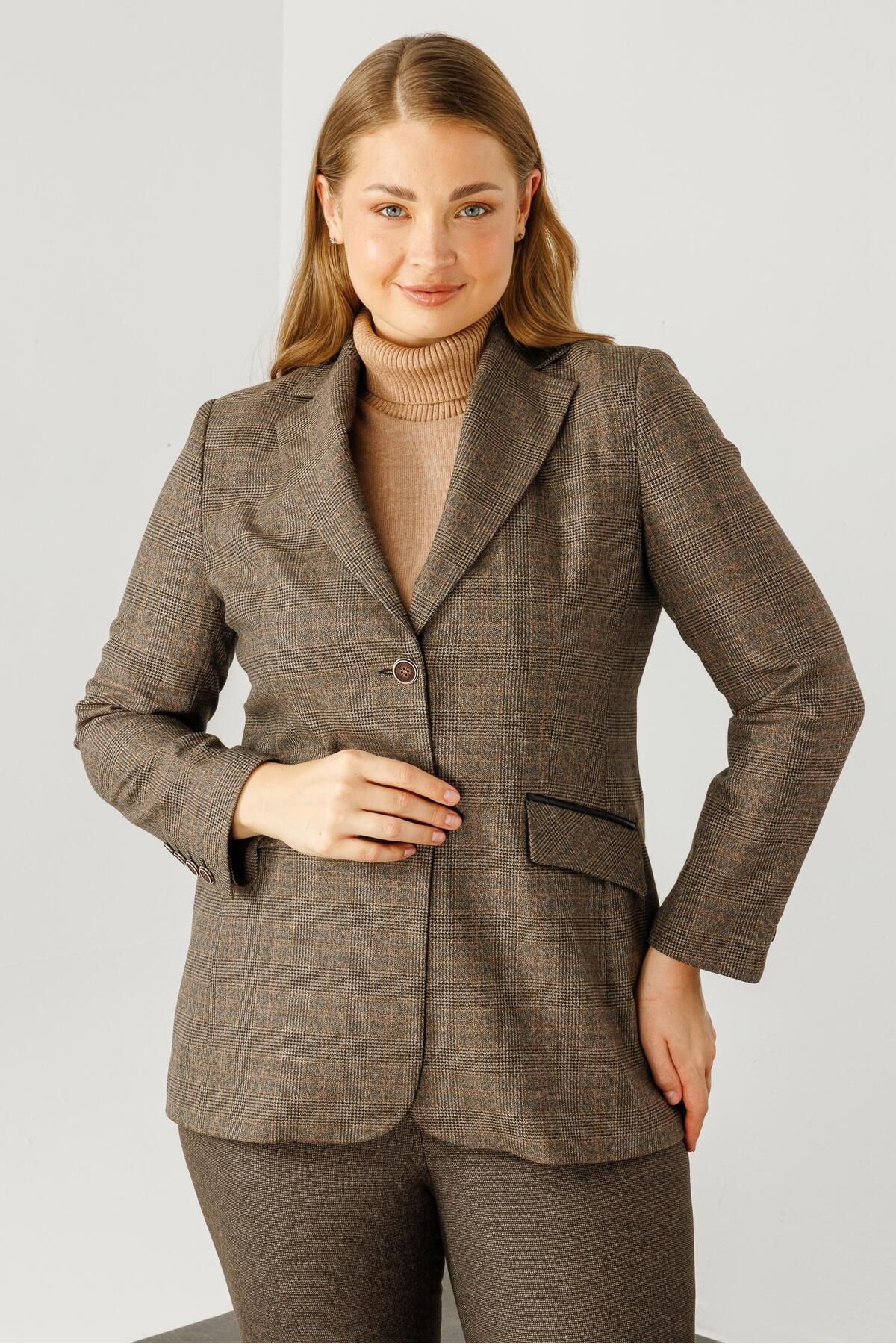 Moda İlgi-Single Button Plaid Coffee Jacket - Modailgi 5