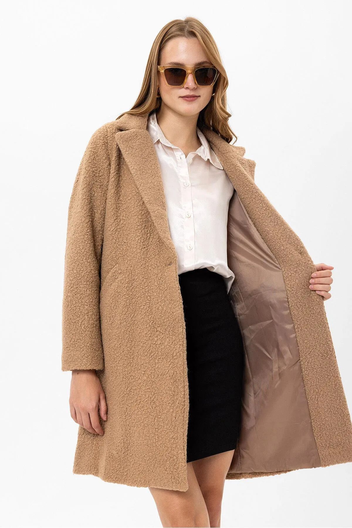 citycenterfashion-Women's Single Button Closure Boucle Coat Cty-Şim- 245301 4