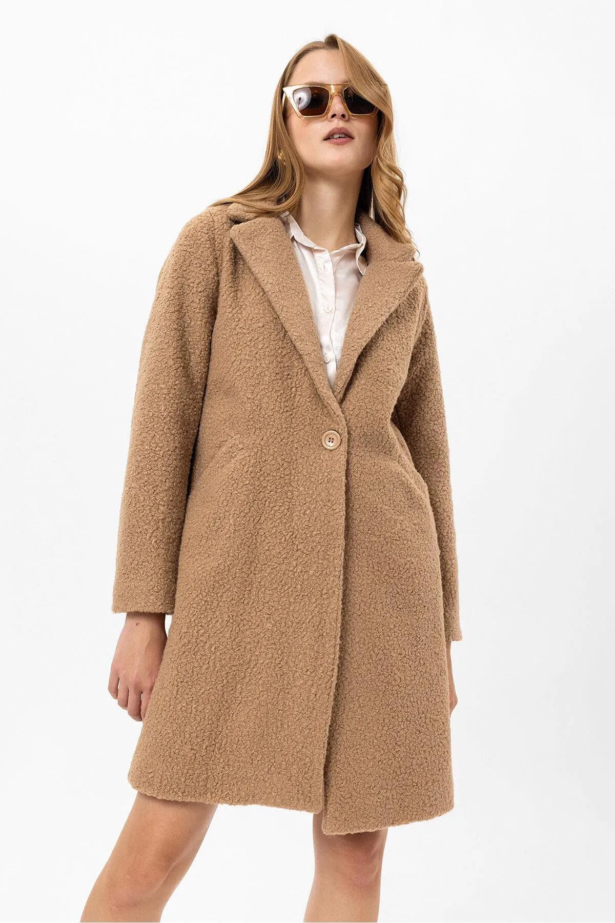 citycenterfashion-Women's Single Button Closure Boucle Coat Cty-Şim- 245301 2