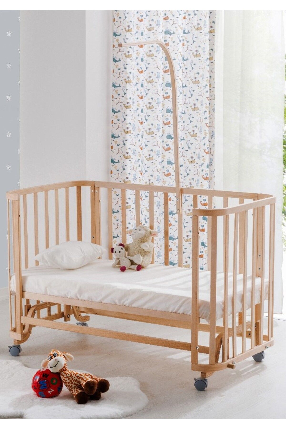 babywho BW 6090 - Tekerlekli Sallanır Sabitlenir Kademeli Anne Yanı Ahşap Bebek Beşik