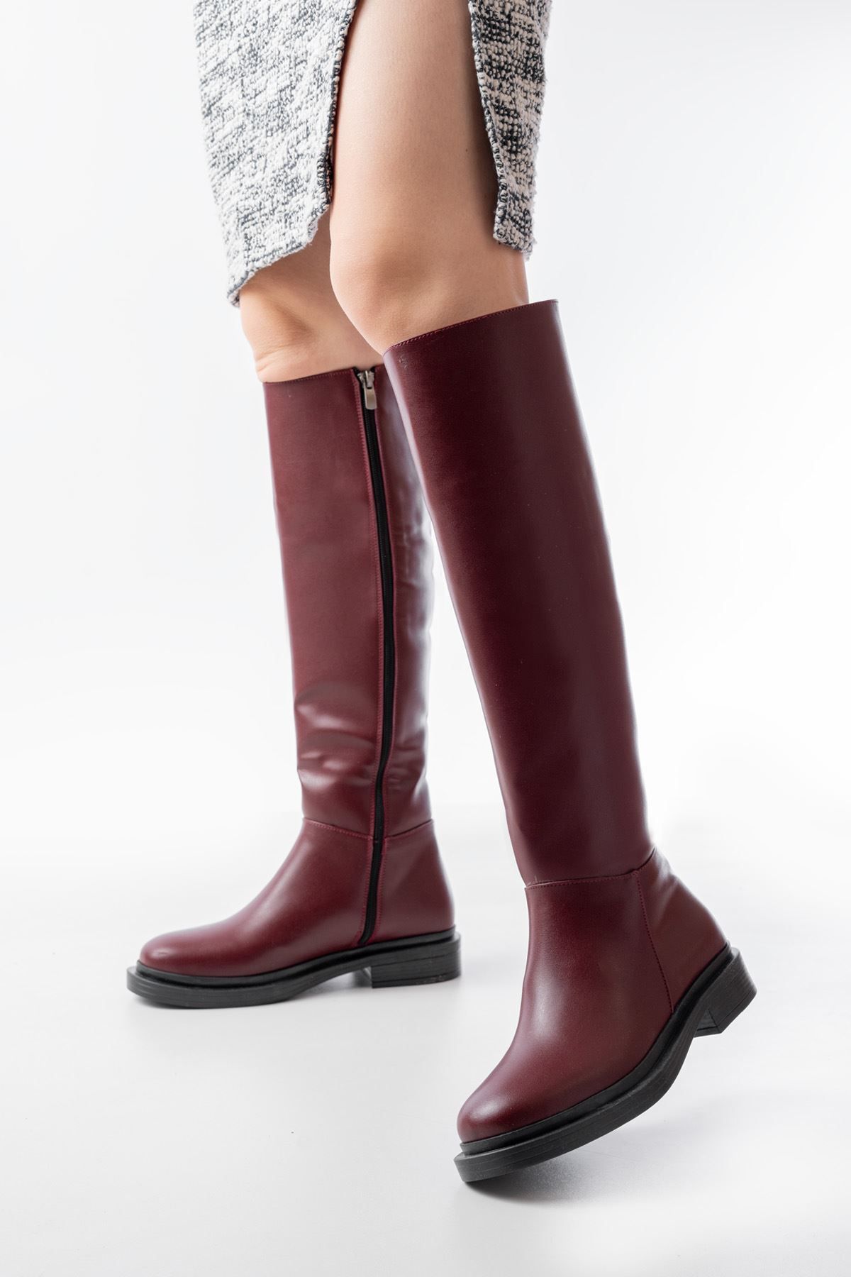 İnfon Ayakkabı Marketi-İnfon Shoes Marketi 2024-3007 Burgundy Zippered Casual Women's Boots 1