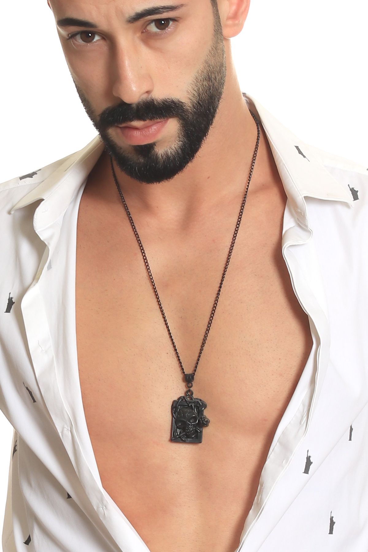 LABALABA-Men's Black Oxide Plated Gothic Skull Icon Necklace 5