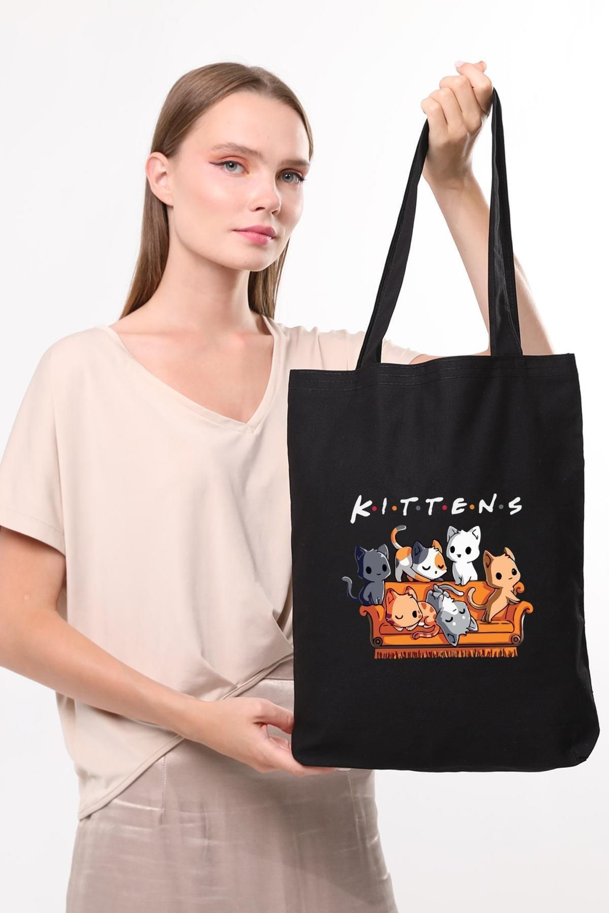 Çınar Bez Çanta-Kittens Printed Black Canvas Bag 2