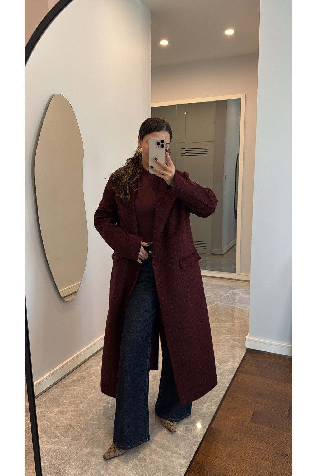 sinemkivanc co-Brand Model Striped Plum Coat 1