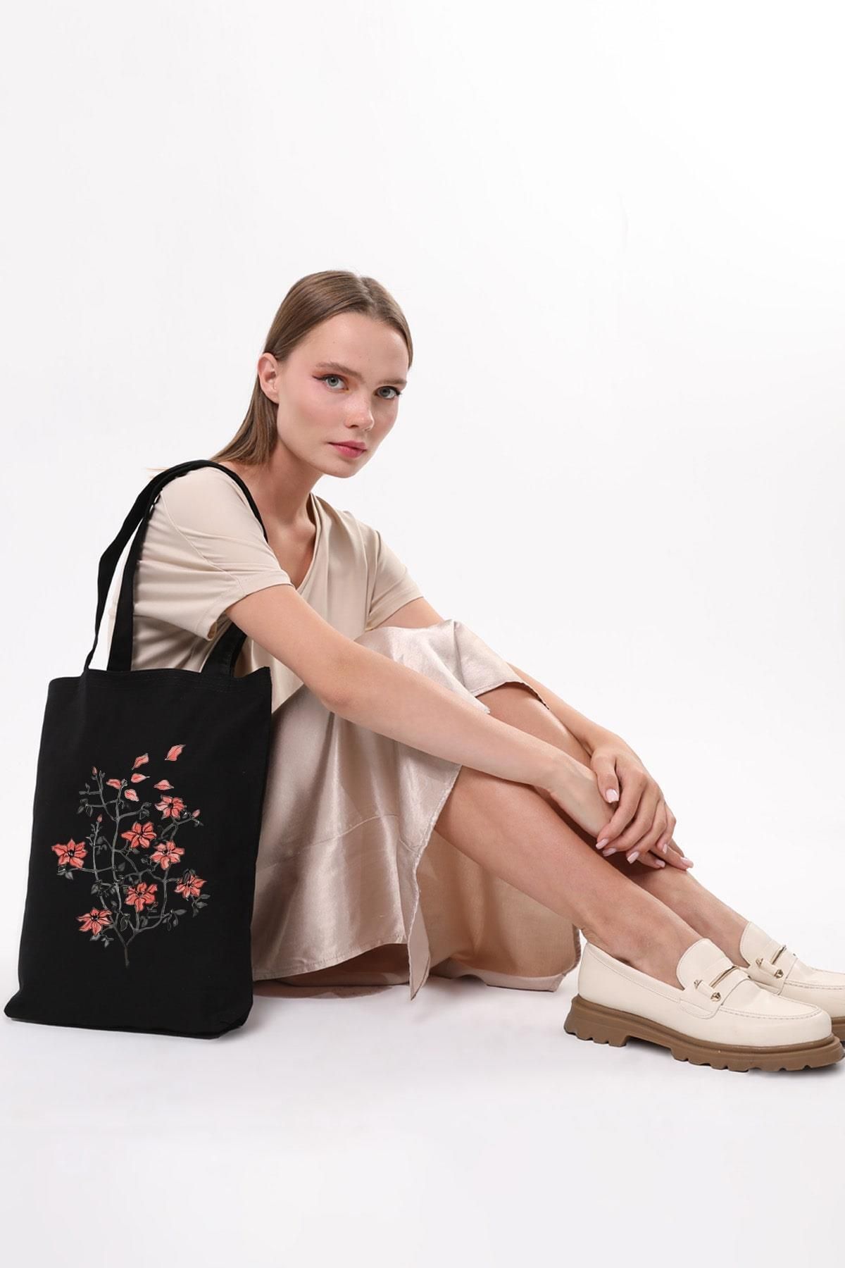 Çınar Bez Çanta-Black Canvas We Heart It Printed Bag 7