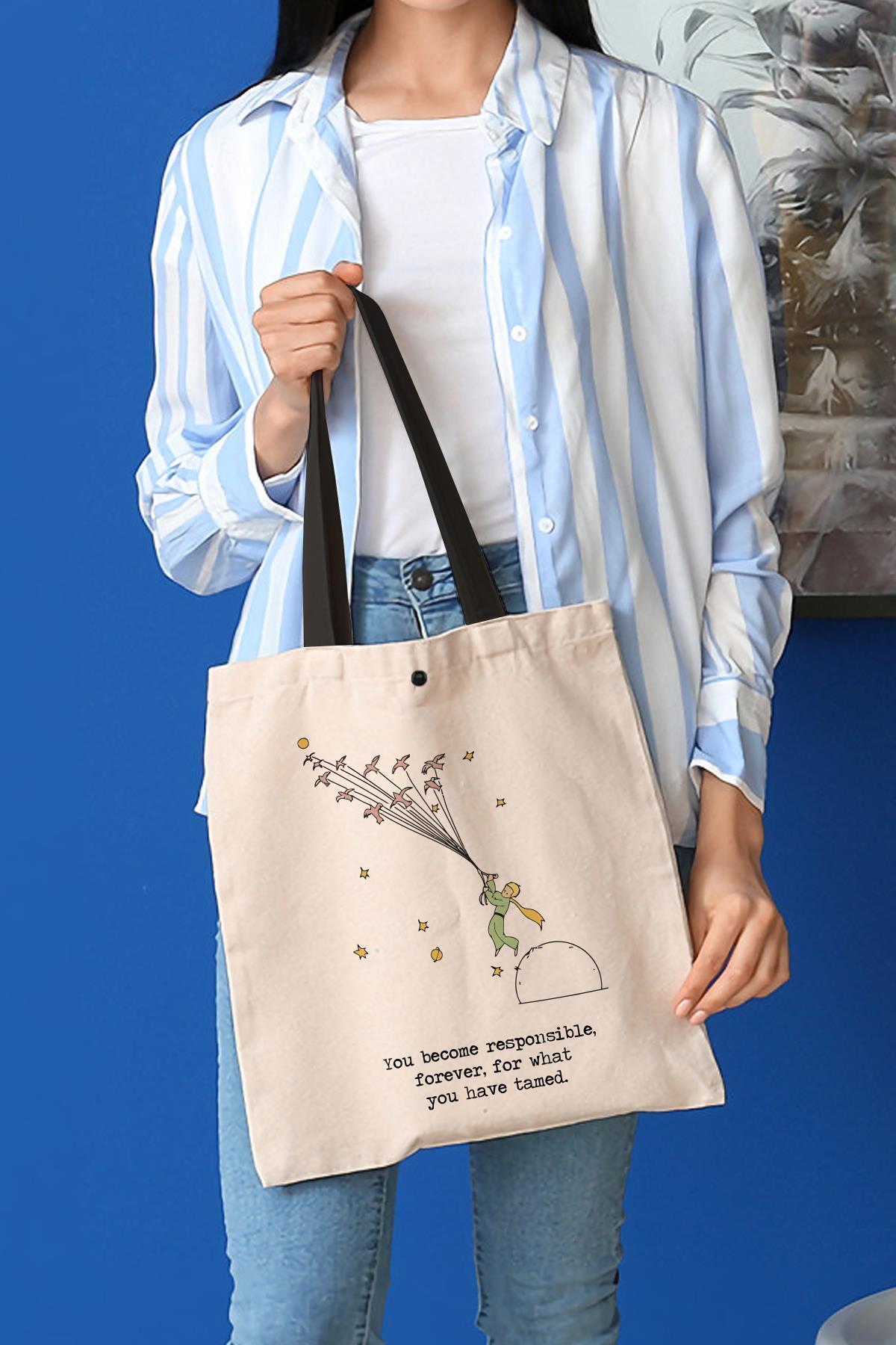 Çınar Bez Çanta-Snap Bird Little Prince Canvas Fabric Tote Bag 2
