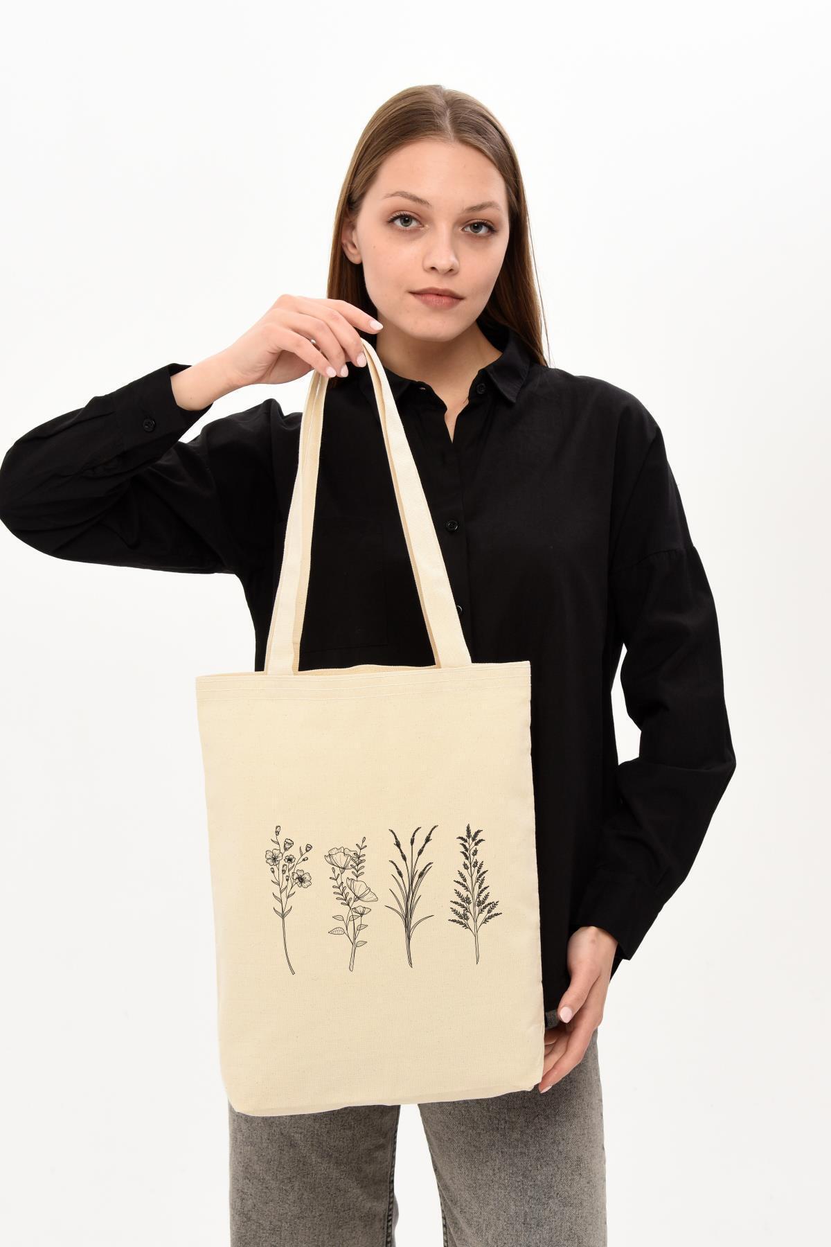 Çınar Bez Çanta-Canvas 4 Branched Flower Cloth Bag C0487 4