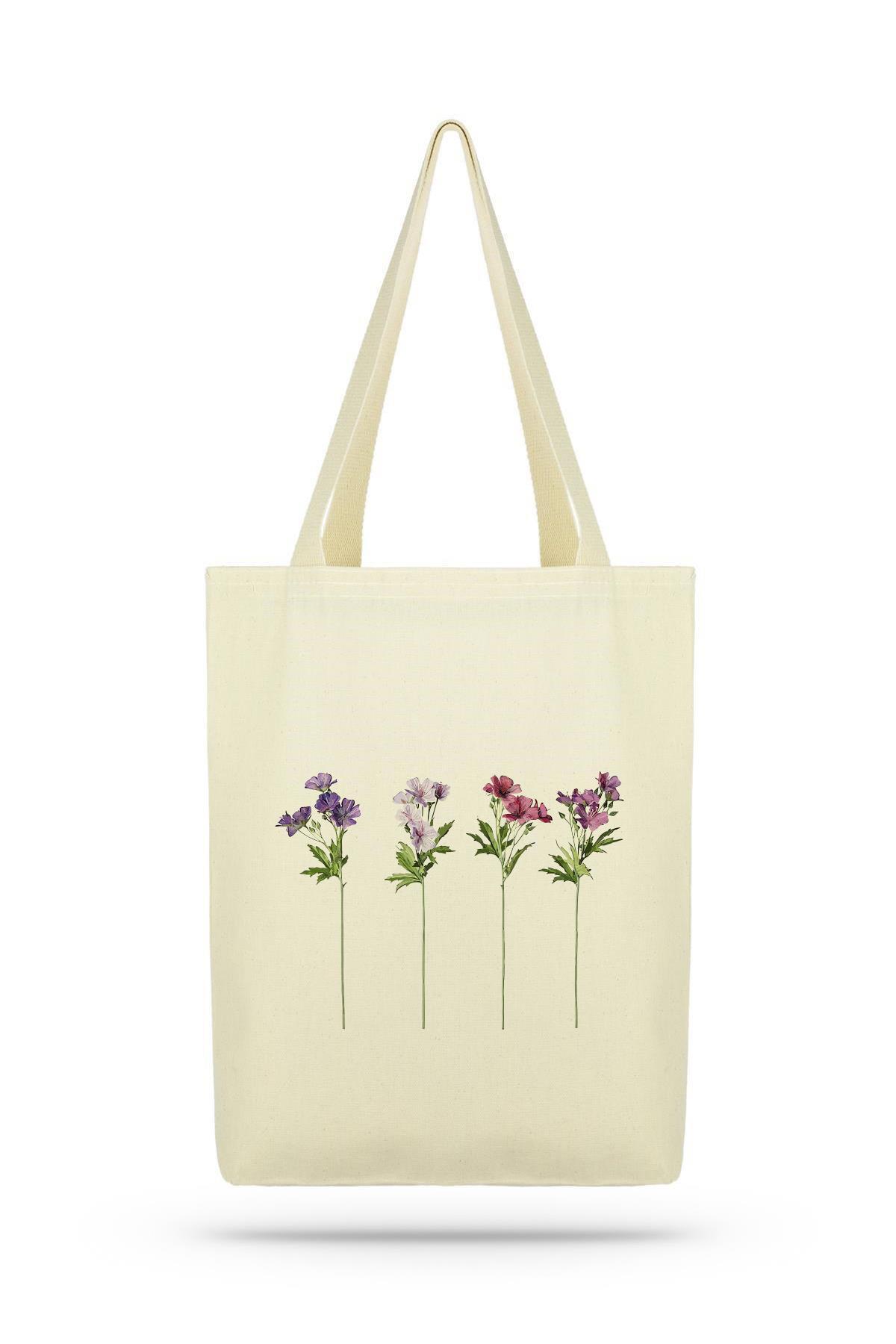 Çınar Bez Çanta  Paket Uzun Dallı Çiçekler Kanvas Kumaş Bez Çanta - Görsel 2