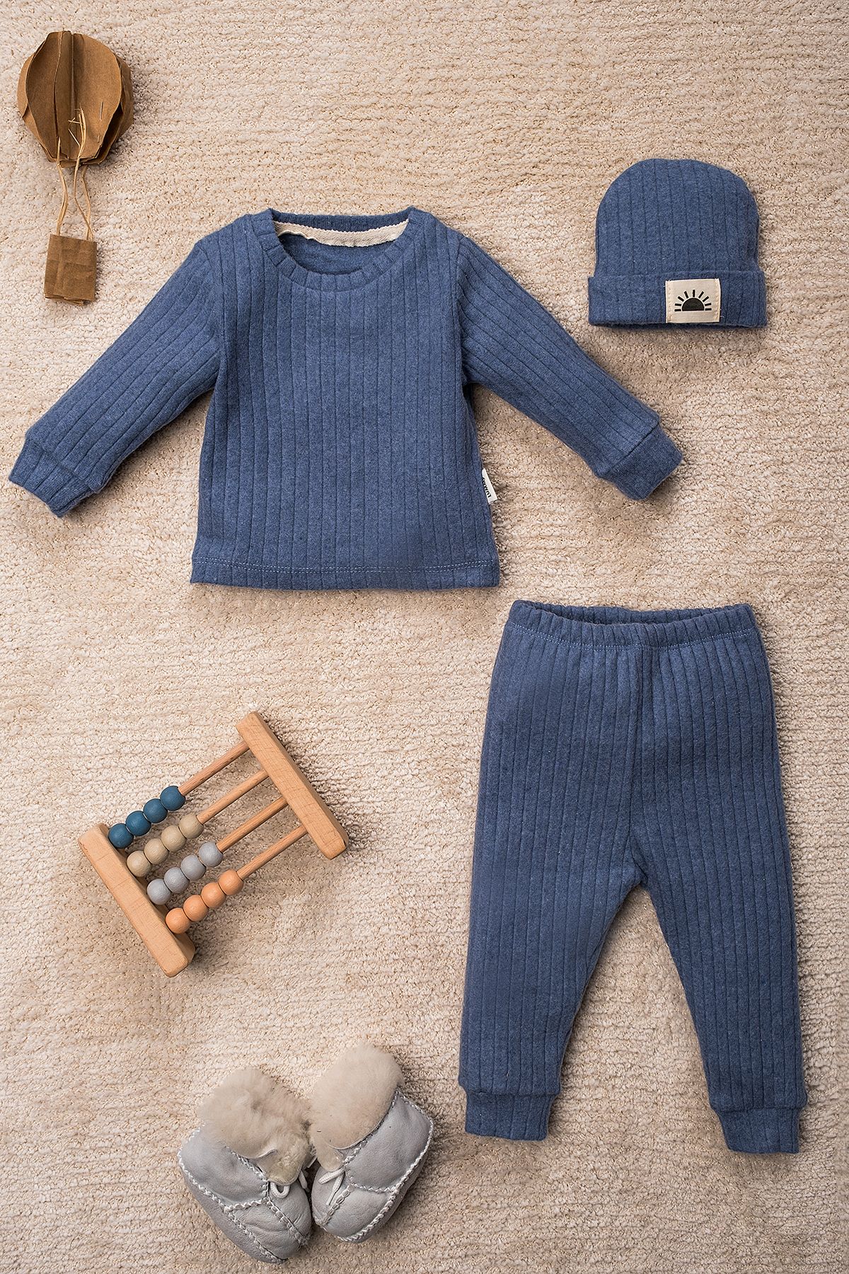 TRENDYOLKIDS Set De 3 Piese Indigo Baby Boy Simplu Tricotat De Jos-sus Femeie - 3–6 months