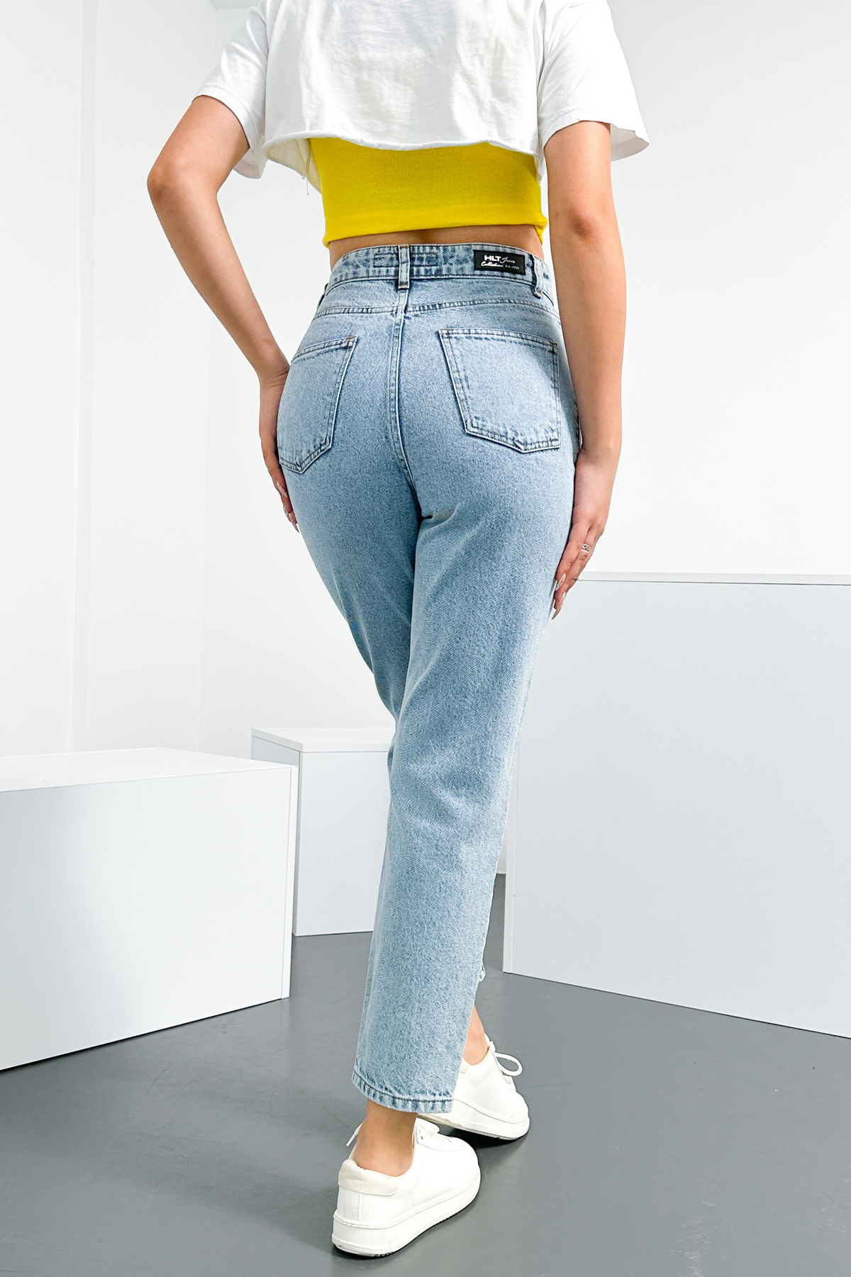 HLT JEANS  Yıpratmalı Mavi Kar Kadın Mom Jean Yüksek Bel Likrasız %100 Pamuk Kot Pantolon ANNA-2075 - Görsel 7