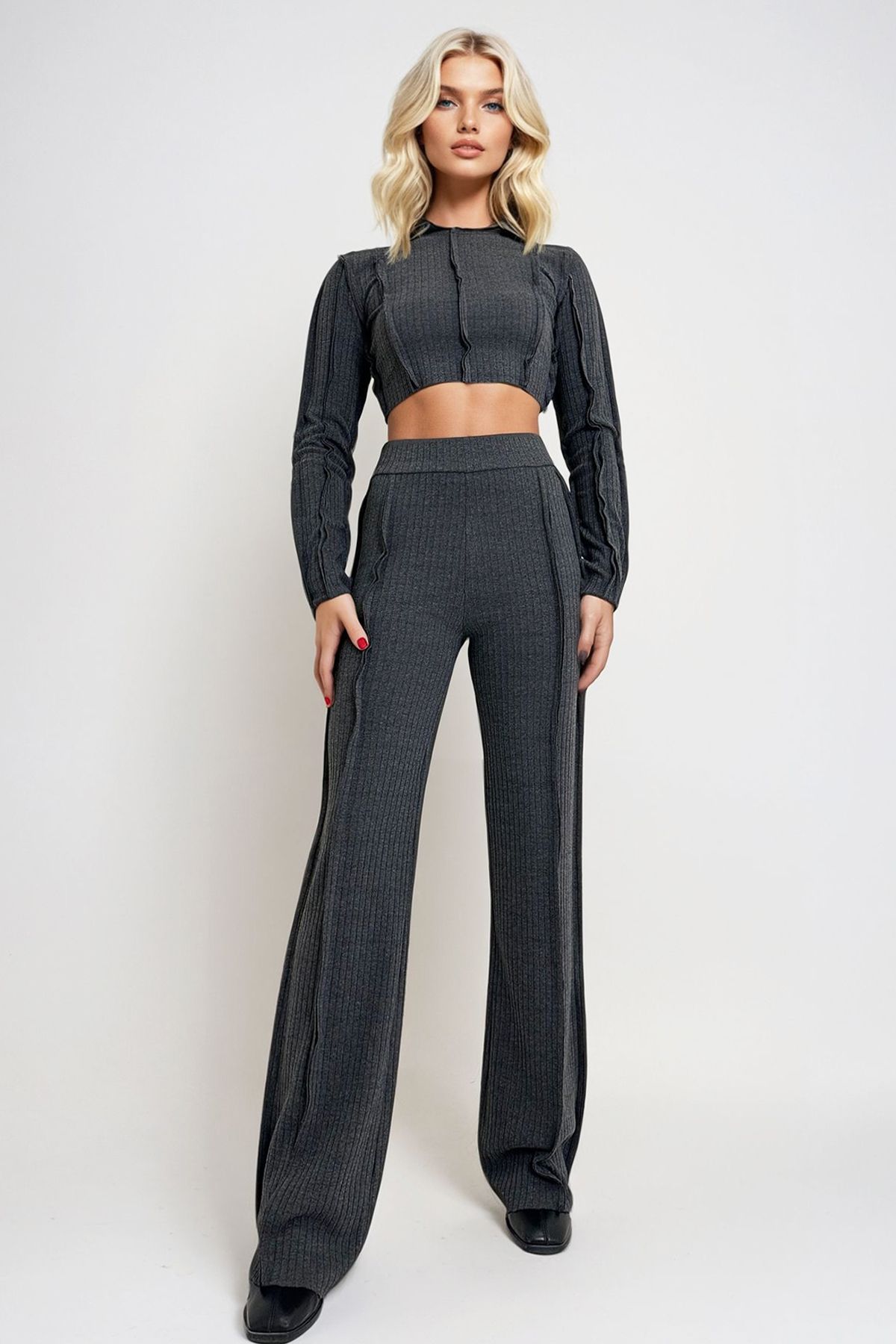 Trend Alaçatı Stili-Women's Anthracite Crew Neck Dirty Stitching Detailed Crop Blouse and Palazzo Pants Suit Alc-X13285 1