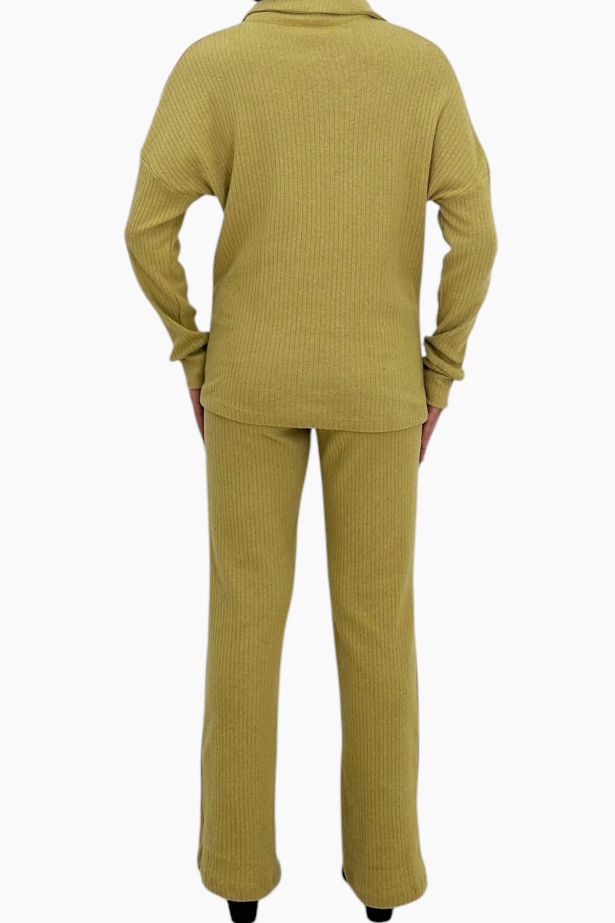 Trend Alaçatı Stili-Ölgrünes Damen-Set mit Polokragen und Palazzon-Hose – ALC-796-001 4