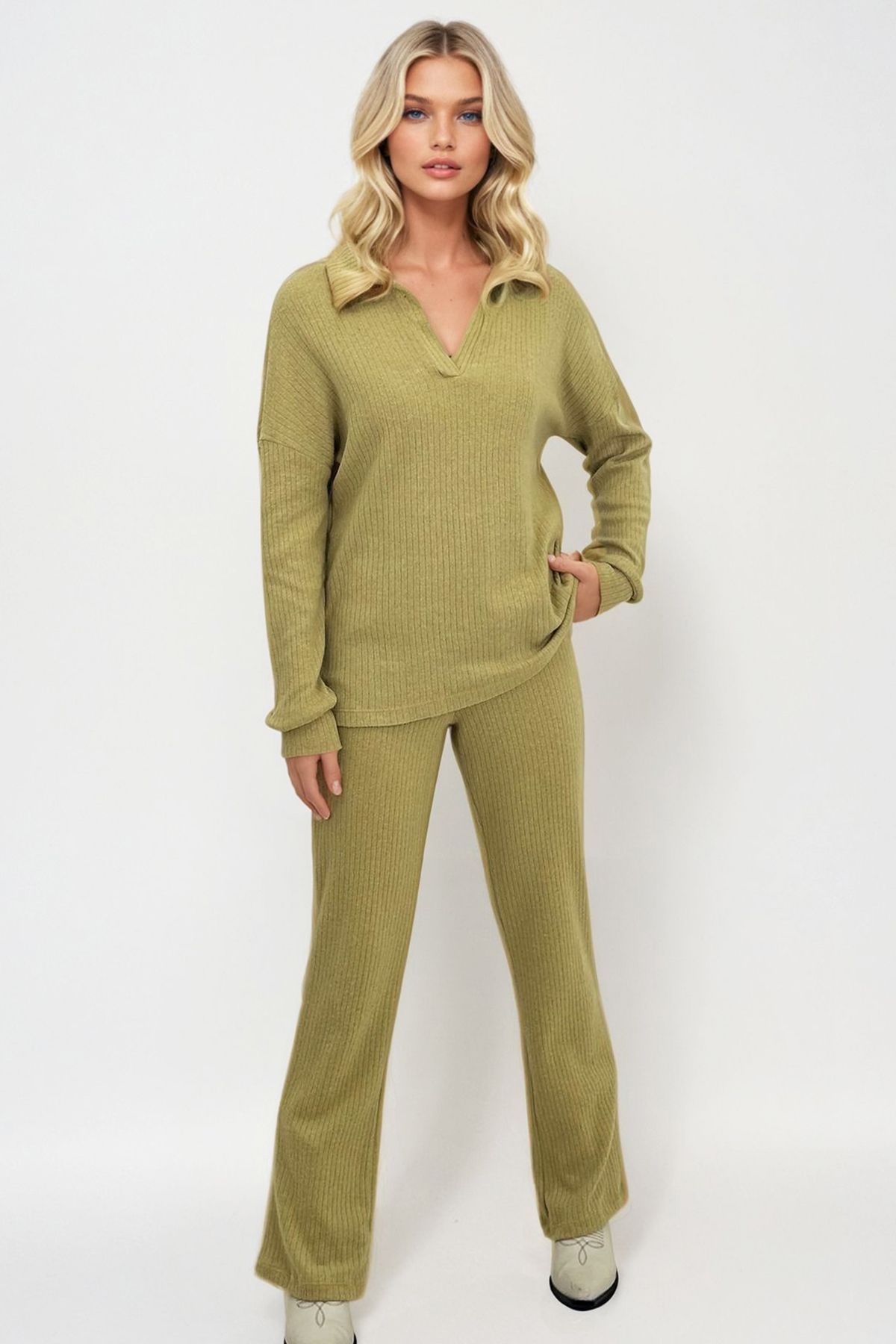 Trend Alaçatı Stili-Ölgrünes Damen-Set mit Polokragen und Palazzon-Hose – ALC-796-001 2