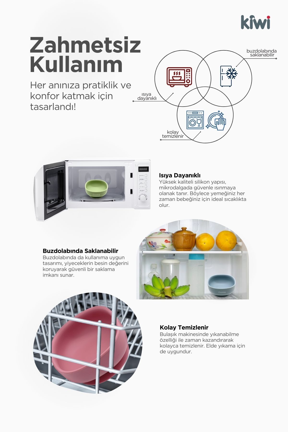 Kiwi 3 parça Kase Çatal Kaşık Beslenme Seti - Doğal Silikon BPA içermez- Olive fotoğrafı 5 (önizleme)