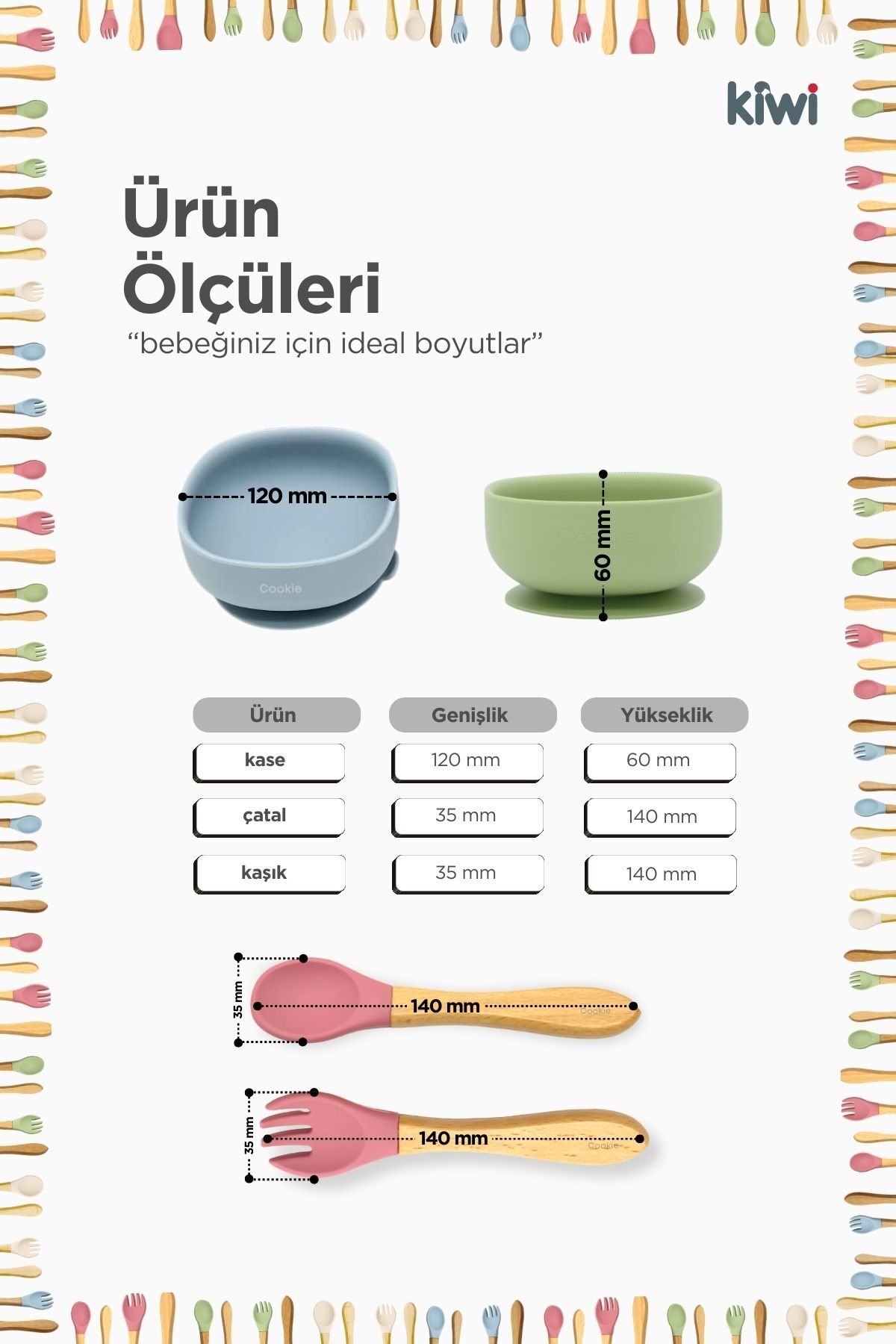 Kiwi 3 parça Kase Çatal Kaşık Beslenme Seti - Doğal Silikon BPA içermez- Rose Pink fotoğrafı 7 (önizleme)