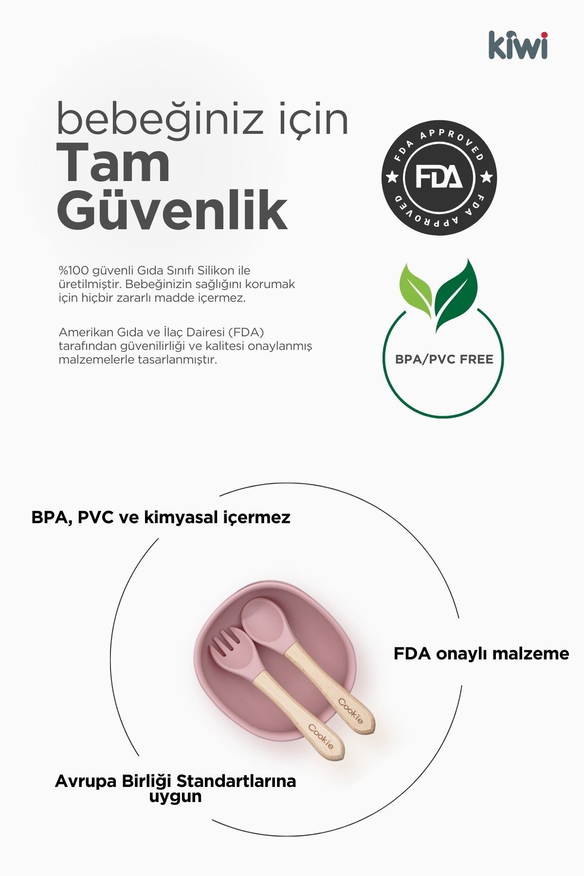 Kiwi 3 parça Kase Çatal Kaşık Beslenme Seti - Doğal Silikon BPA içermez- Dark Pink fotoğrafı 6 (önizleme)