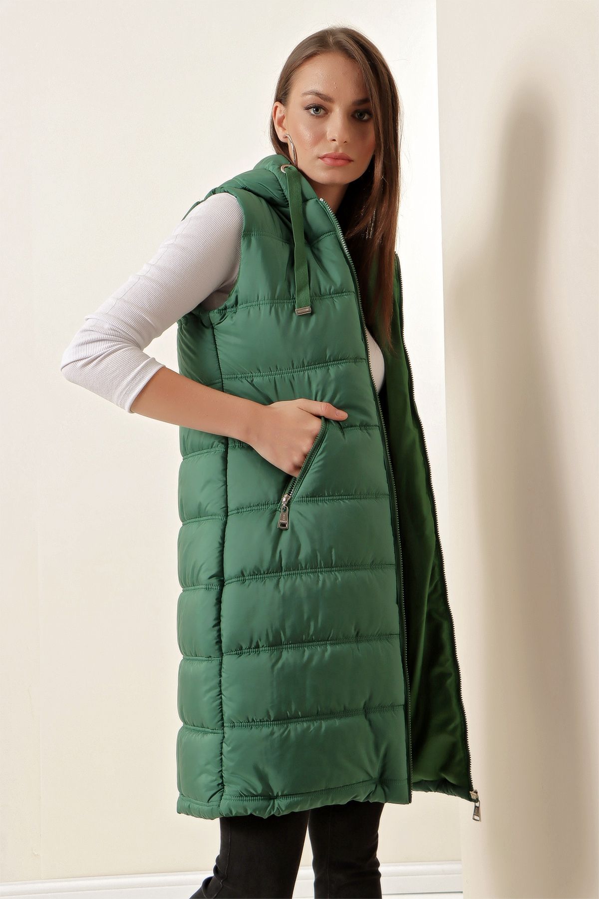 Bigdart-5140 Vestă lungă cu glugă - Verde smarald-- 3