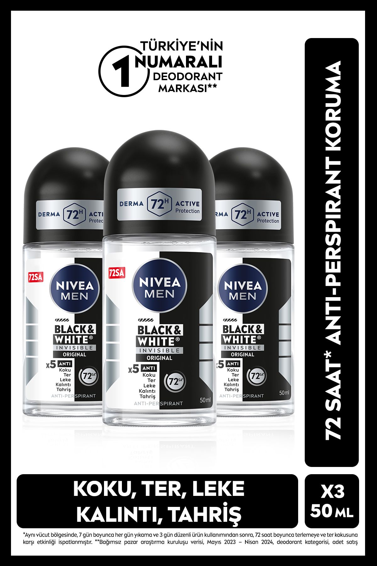 دئودورانت مردانه مردانه مشکی و سفید نامرئی اصل 50 میلی لیتری ضد تعریق 72 ساعته X3 PieceSet NIVEA