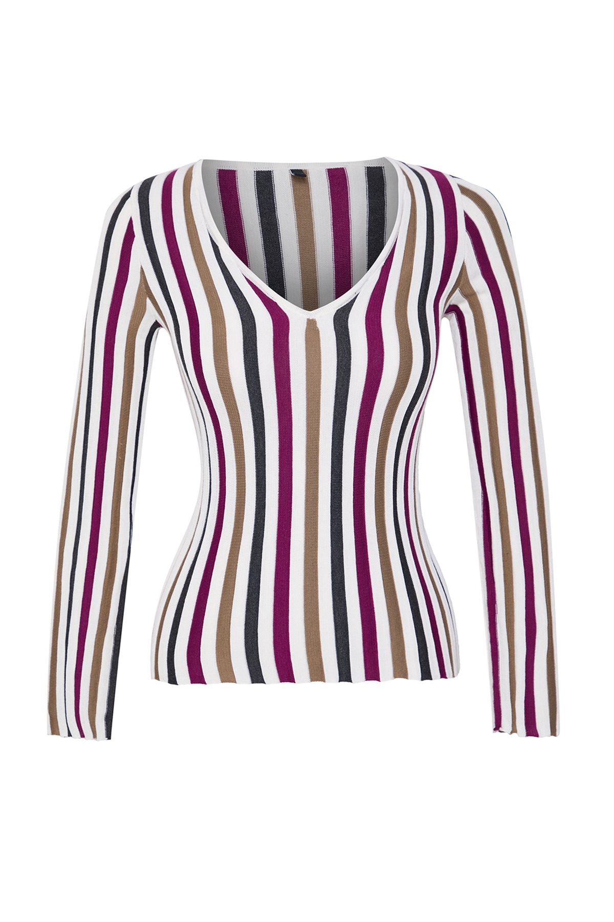 Edit by Trendyol-Ecru V-Neck Color Block Slim Knitwear Sweater Tedaw25Kz00054 5