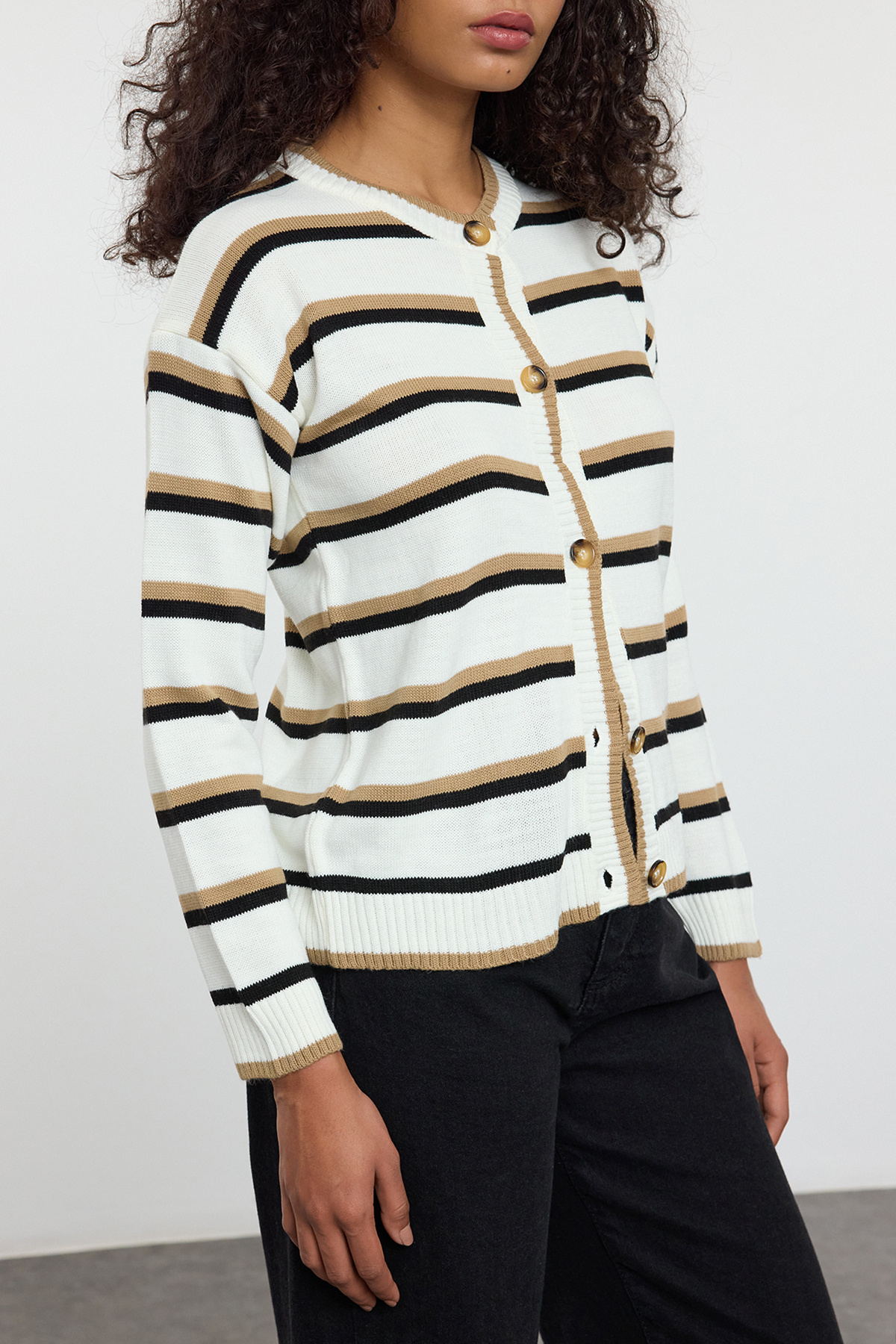 Edit by Trendyol-Ecru Crew Neck Knitwear Cardigan - Color Block, Tedaw25Hi00022 2