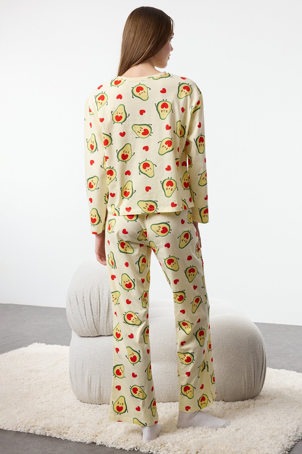 Trendyolmilla  Yeşil-Çok Renkli %100 Pamuklu Avokado ve Kalpli Örme Pijama Takımı THMAW25PT00078 - Görsel 5