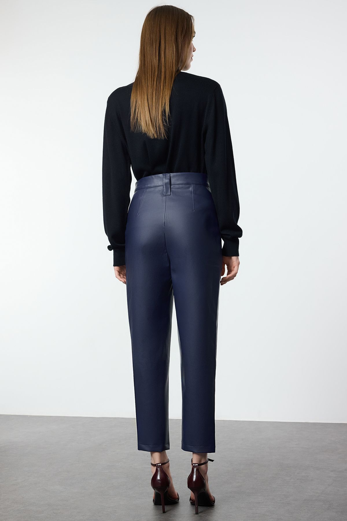 Trendyol Collection-Navy Blue Carrot Woven Front Buttoned Faux Leather Trousers Twoaw22Pl0083 5