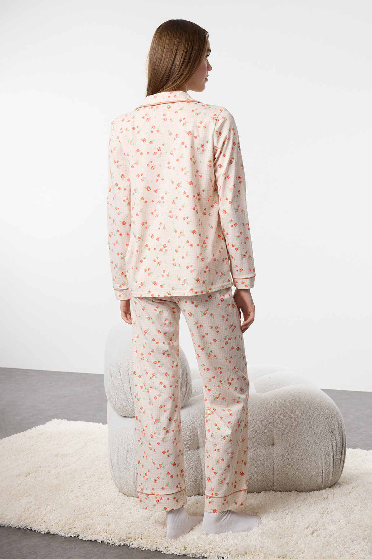 Trendyolmilla  Ekru %100 Pamuklu Çiçekli Biyeli Örme Pijama Takımı THMAW25PT00202 - Görsel 5