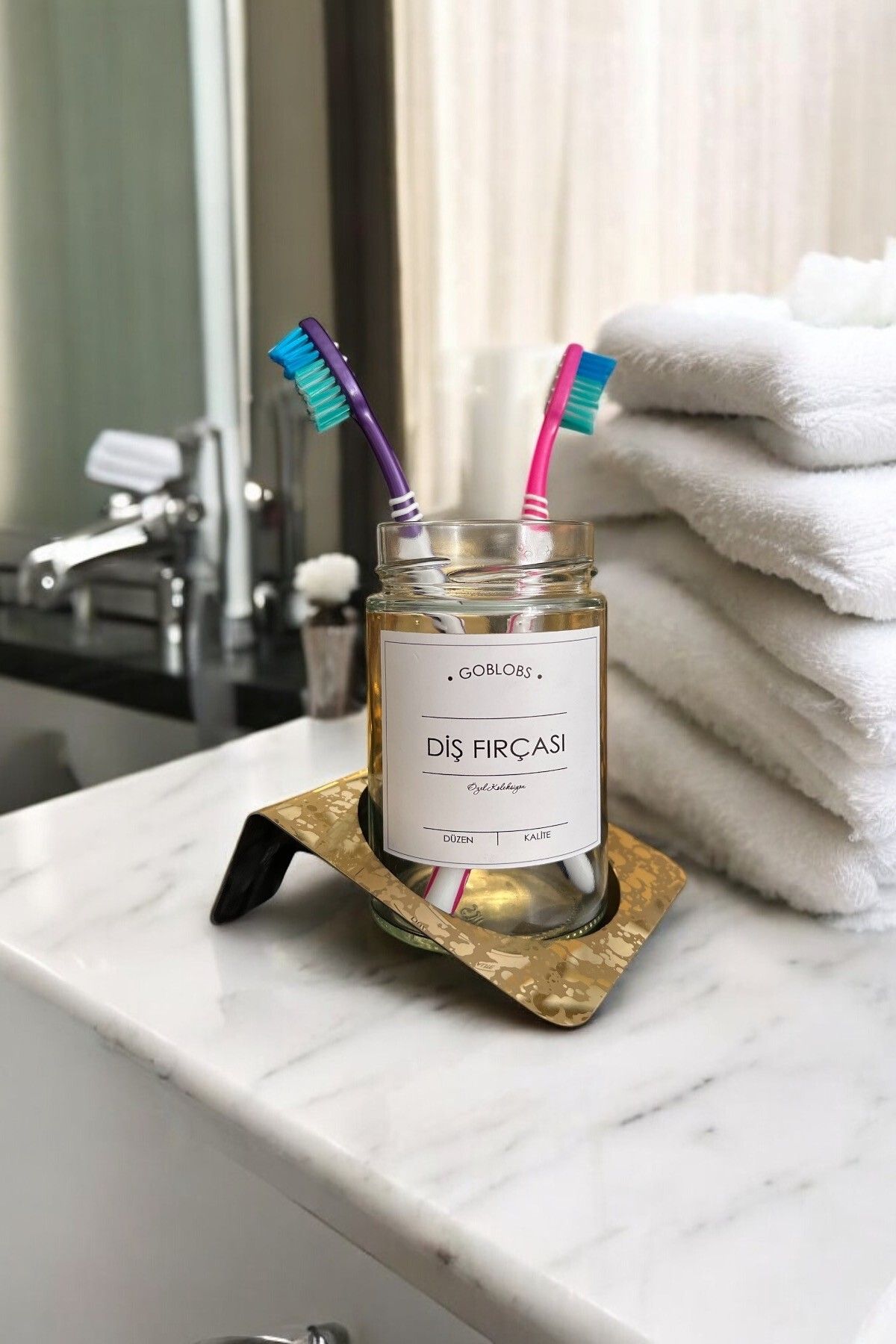 GO BLOBS-Stainless Steel - Toothbrush Holder, Gold Pattern, White Label with Stand 1