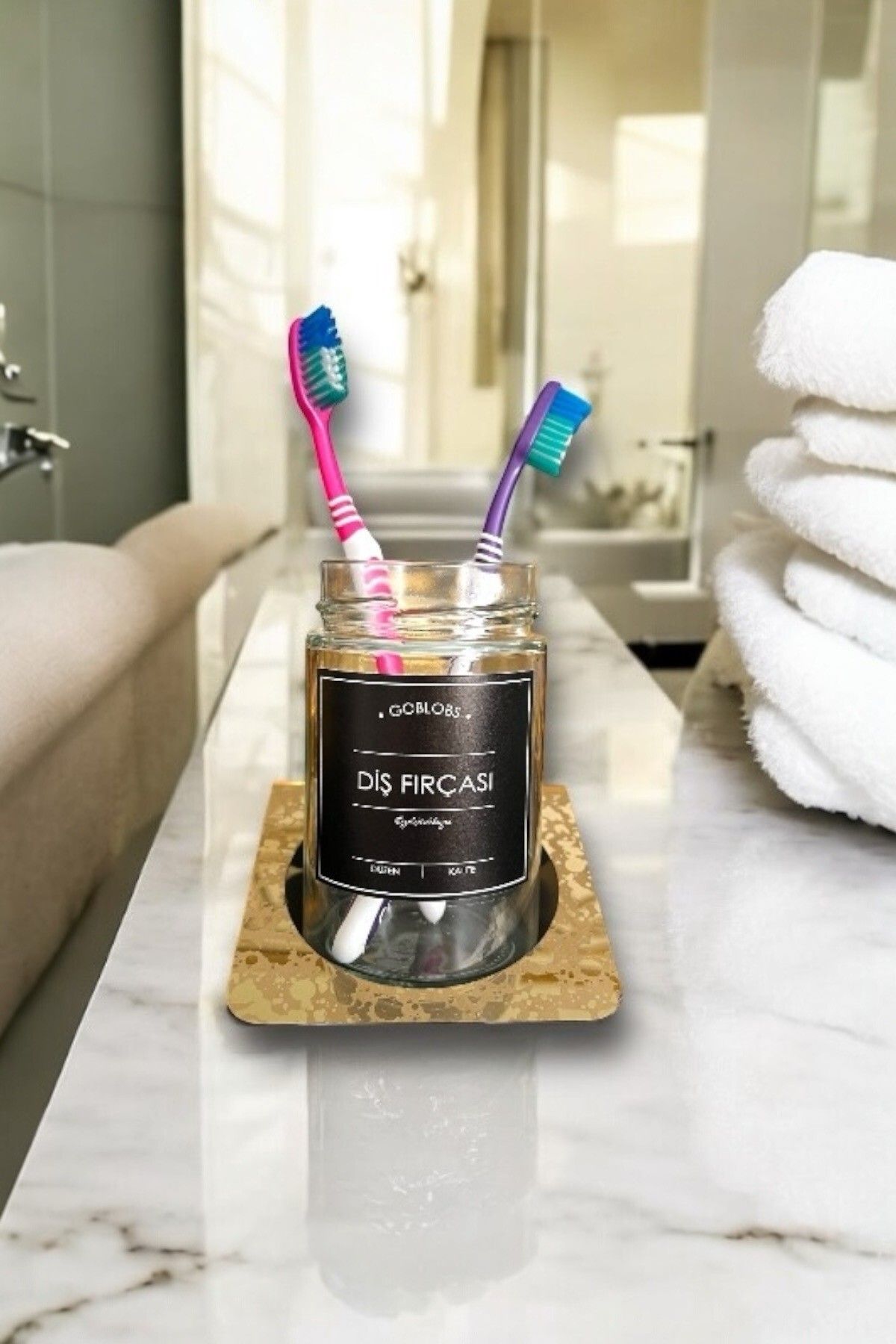 GO BLOBS-Stainless Steel Gold Patterned Stand Toothbrush Holder with Black Label 4