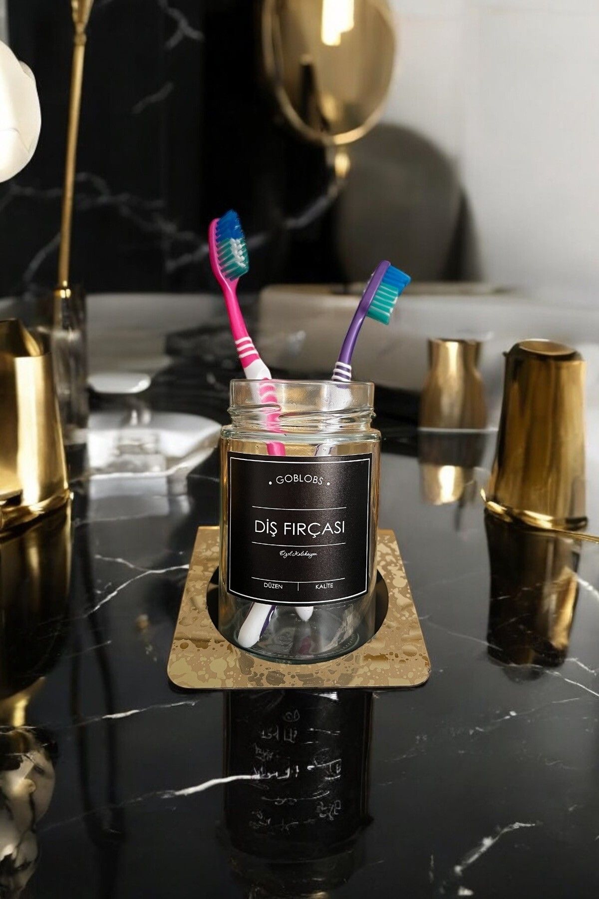 GO BLOBS-Stainless Steel Gold Patterned Stand Toothbrush Holder with Black Label 3