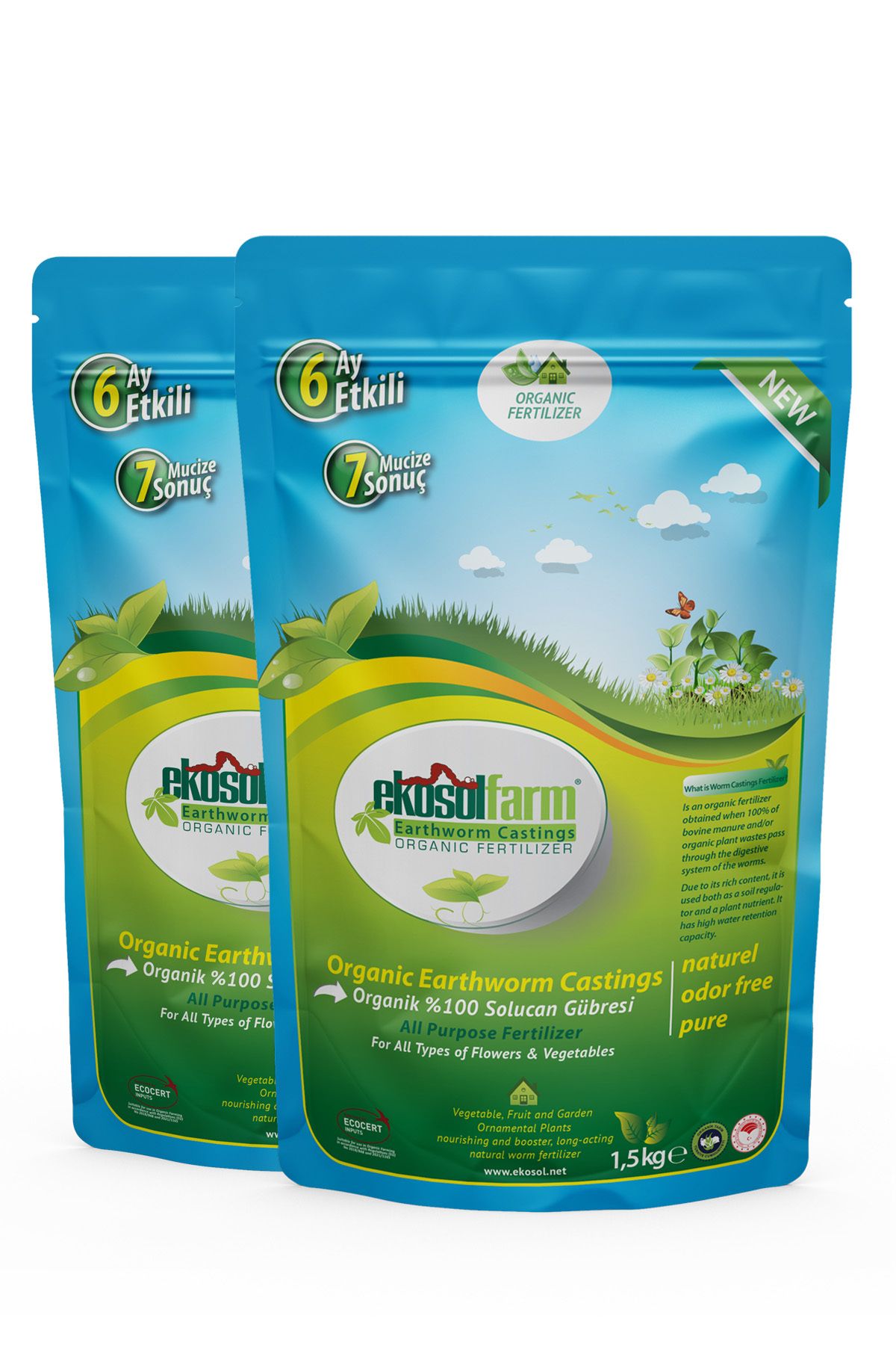 EkosolFarm %100 Solucan Gübresi 2x1,5 Kg Toplam 3 Kg (6 LİTRE) Tüm Bitkilerde Kullanıma Uygun Gübre