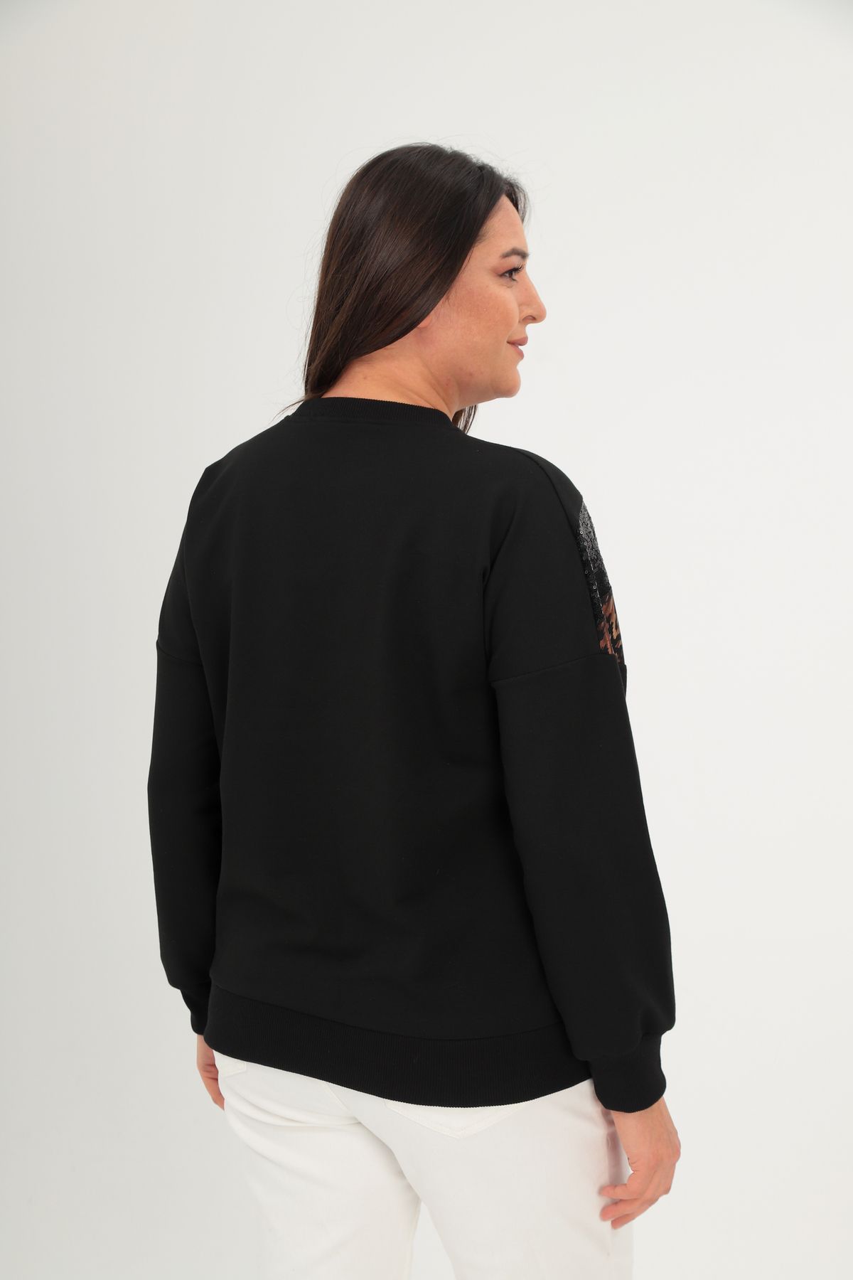 Şans-Plus Size Black Sequin Sequined and Stonework Leopard Print V Block Sweatshirt - 65N38659 3