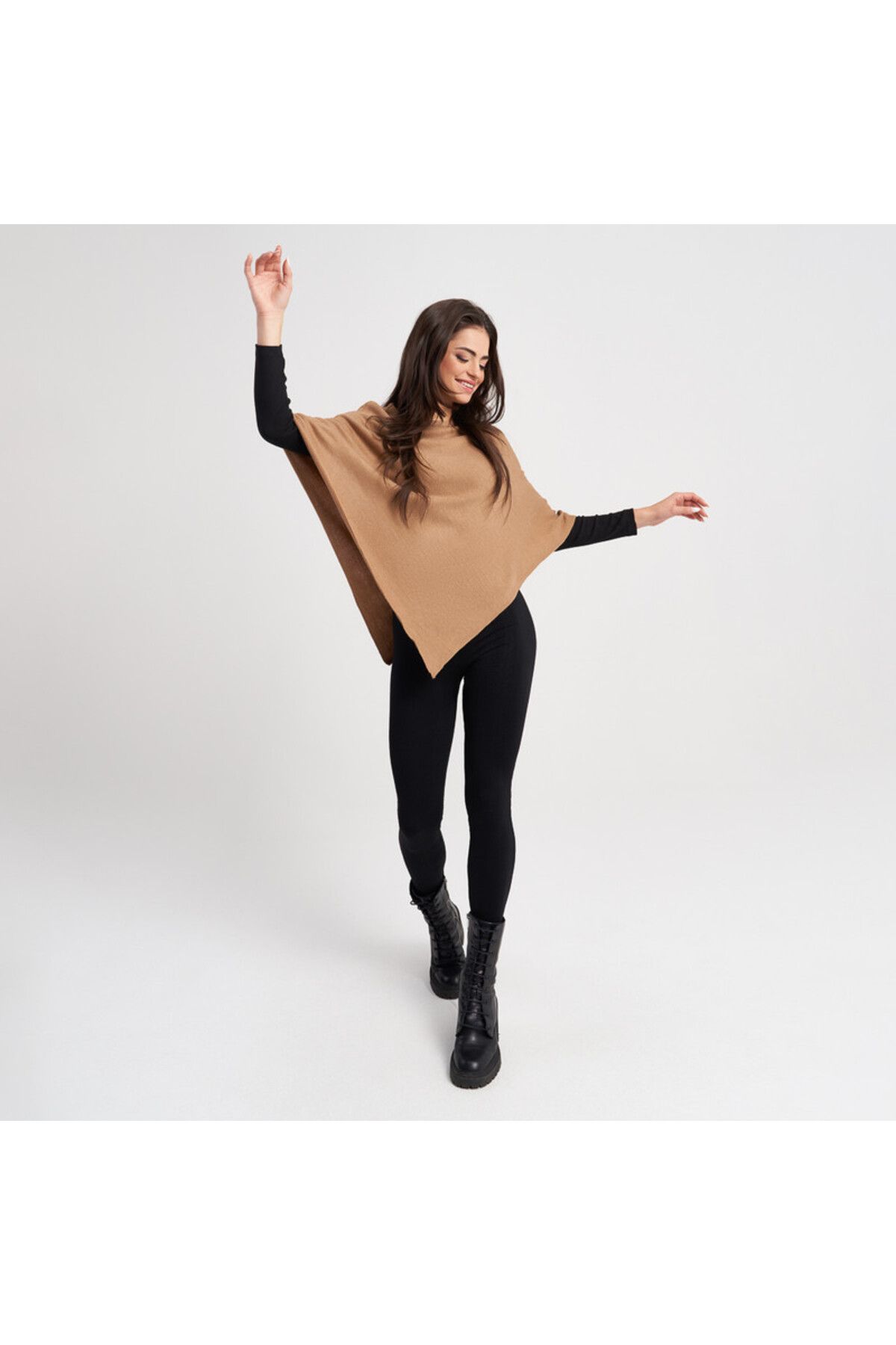 Hailys-Camel Knit Poncho for Women 5