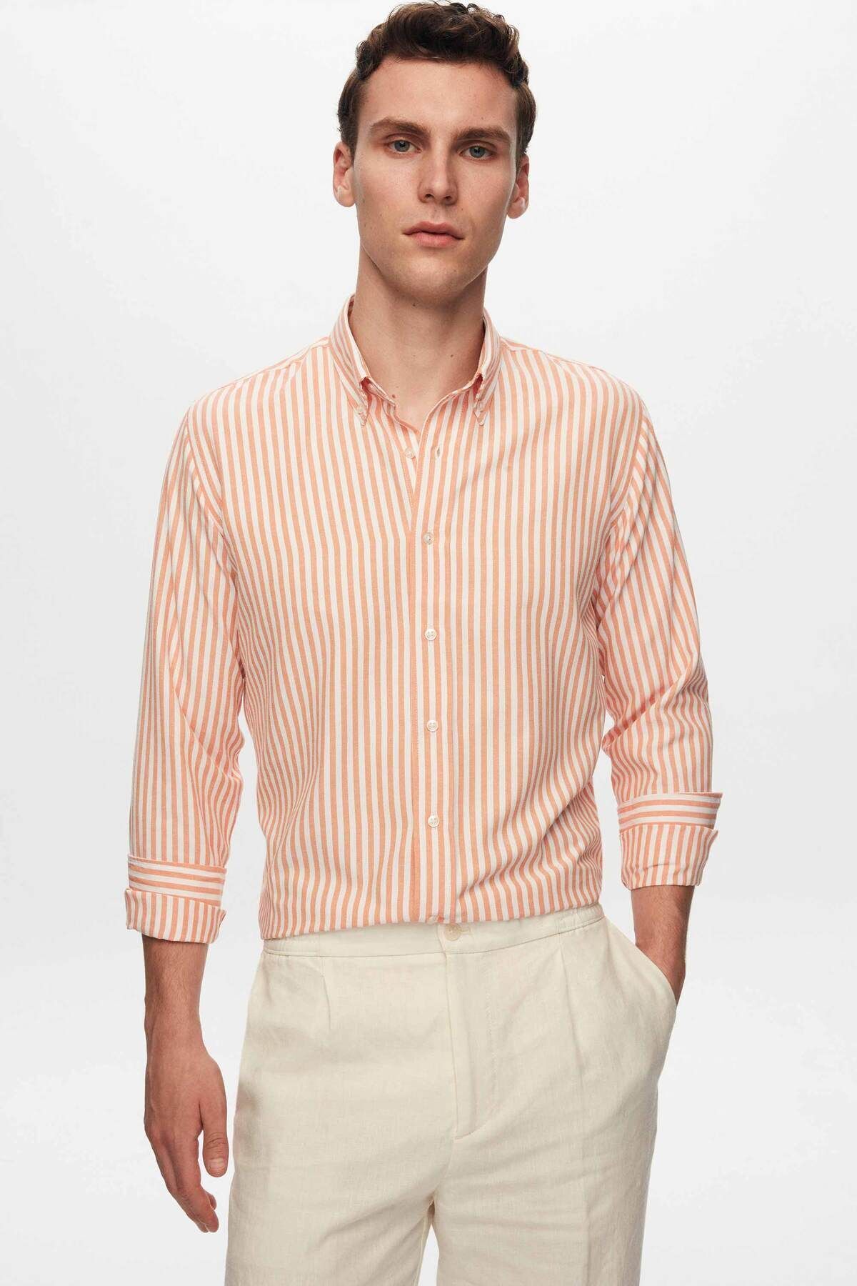 D'S Damat-Ds Damat Slim Fit Orange Striped Shirt 2