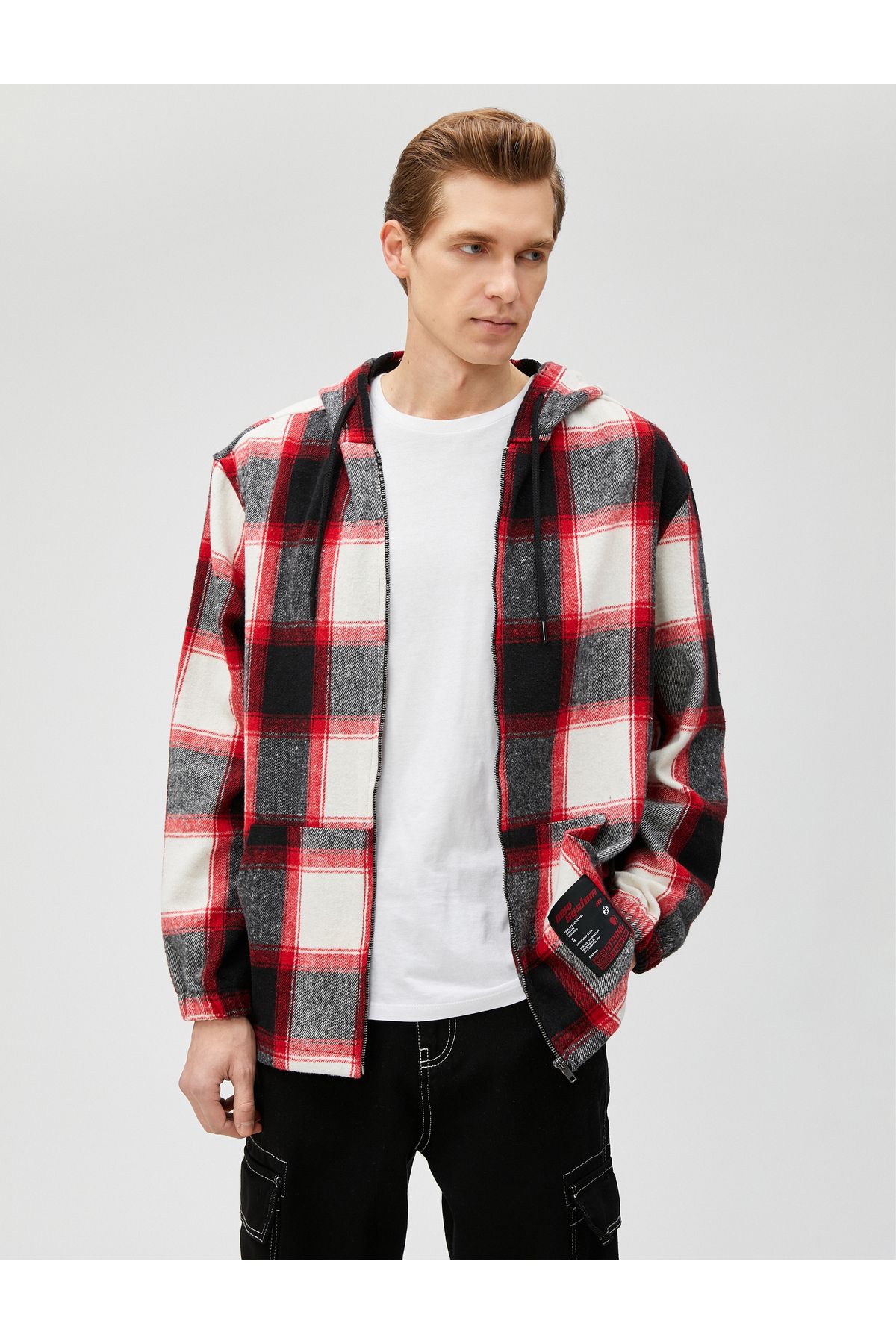 Koton-Checked Hooded Sweatshirt with Label Printed Pocket 3