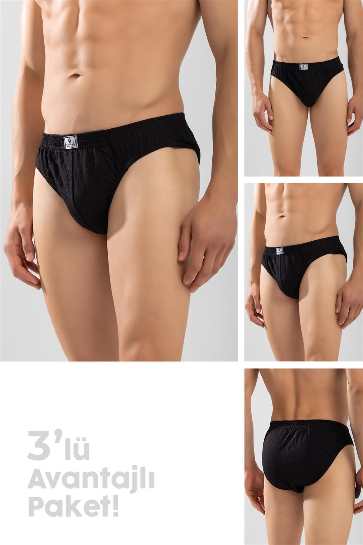 BAYKAR Erkek Pamuklu Beli Lastikli Düz Slip Külot 3'lü Paket Siyah