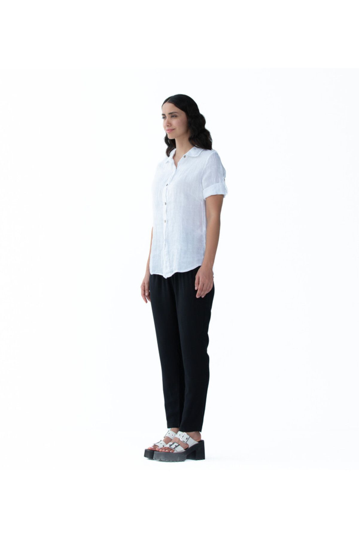 Zabaione-White Linen Shirt with Rolled Sleeves 5