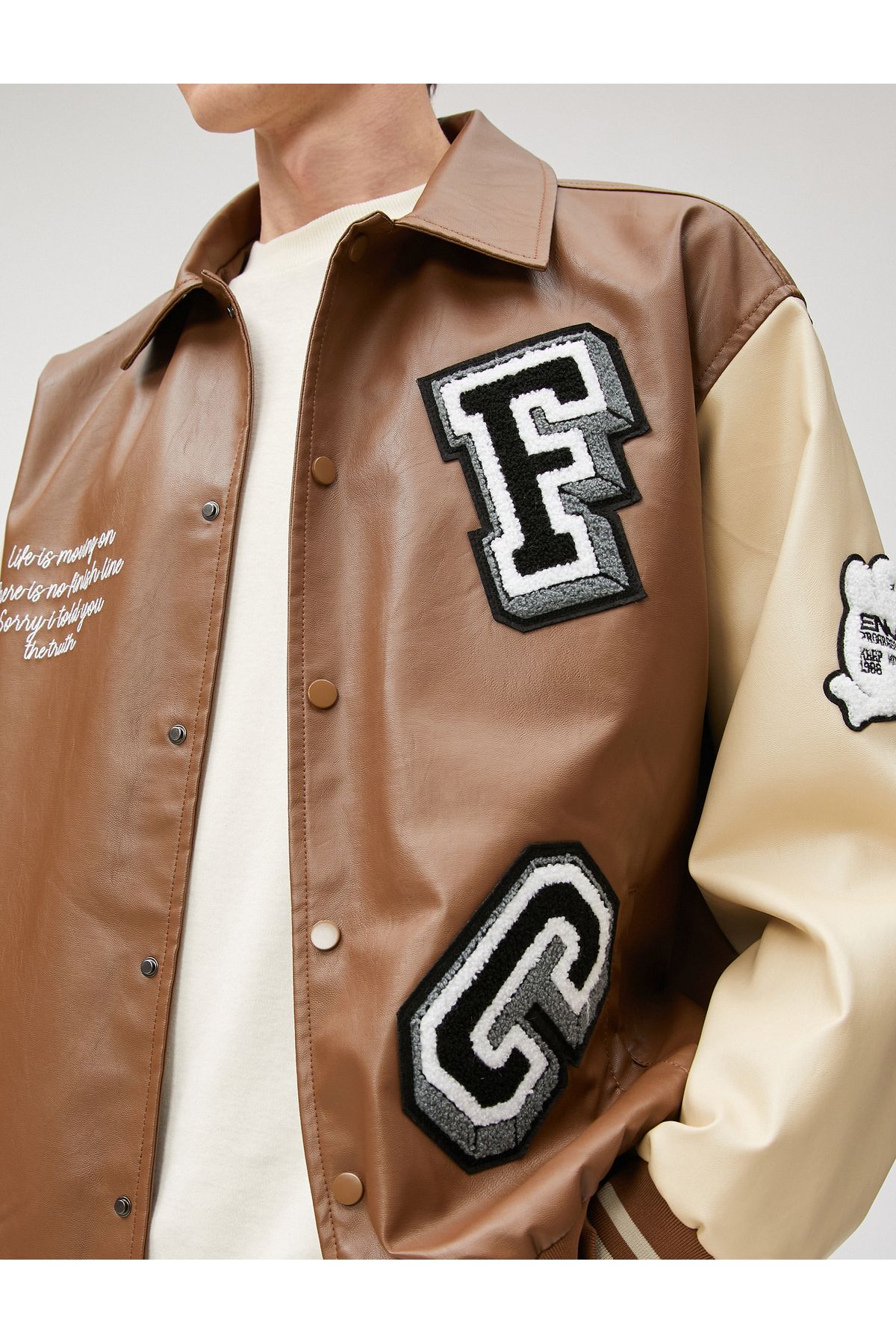 Koton-College Jacket Leather Look Embroidered Snap Buttons Classic Collar 5
