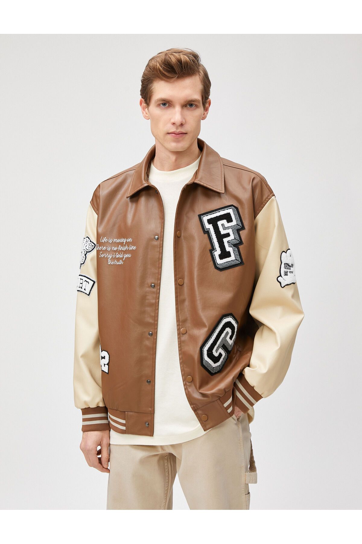 Koton-College Jacket Leather Look Embroidered Snap Buttons Classic Collar 3