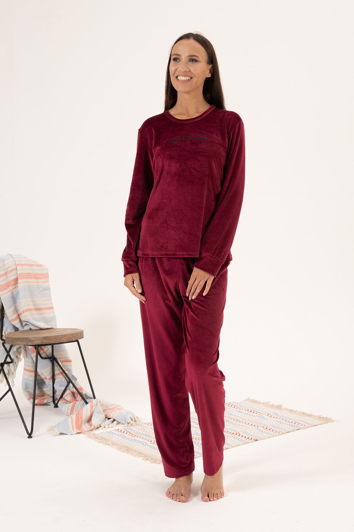 REMSA-Set pijamale de damă din catifea - 24381 Roșu Claret 2