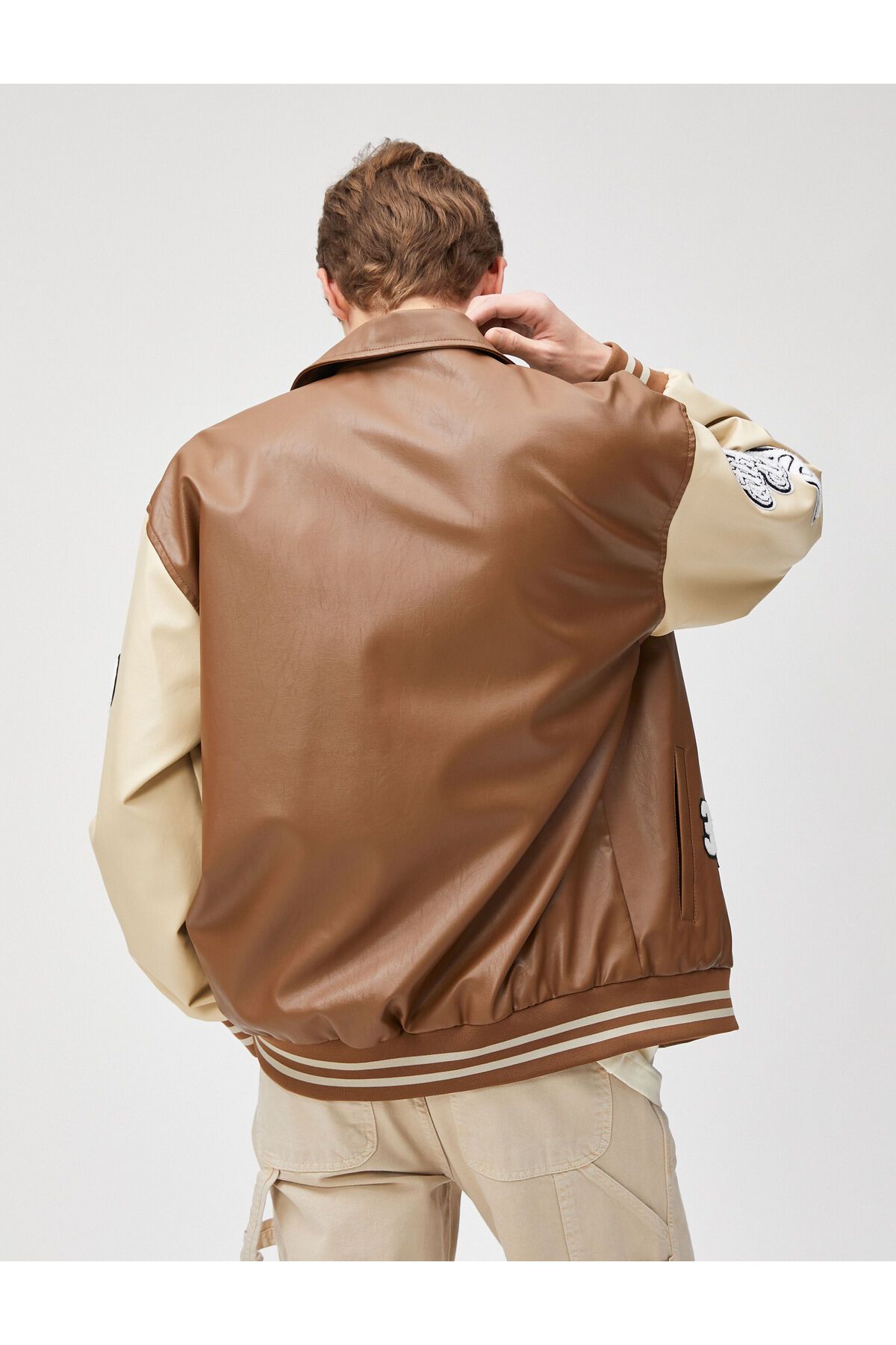 Koton-College Jacket Leather Look Embroidered Snap Buttons Classic Collar 4