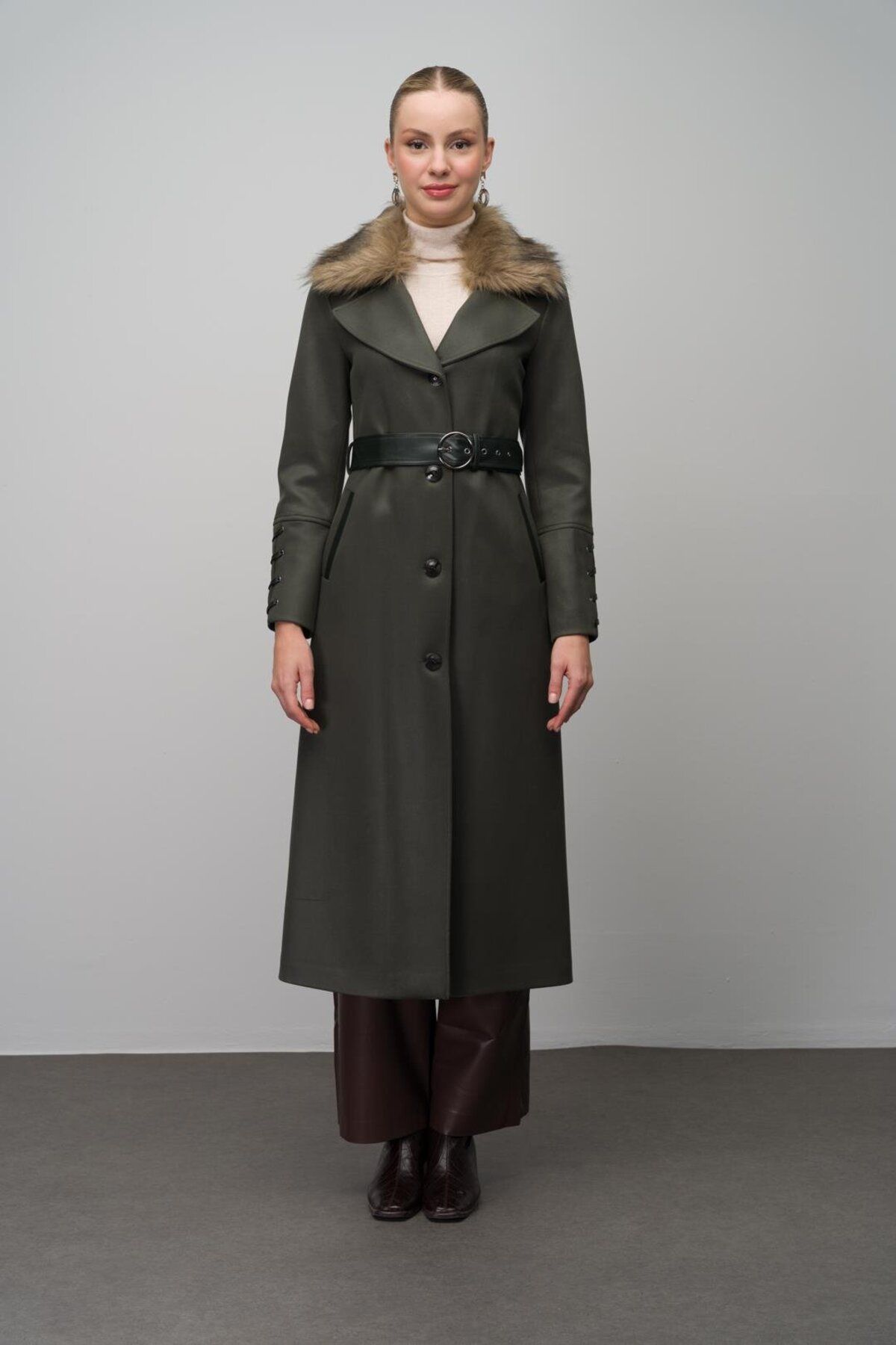 Olcay-Gabardine Suede Look Cap with Removable Collar Fur Leather Belt and Unit Detail Khaki 6645 4