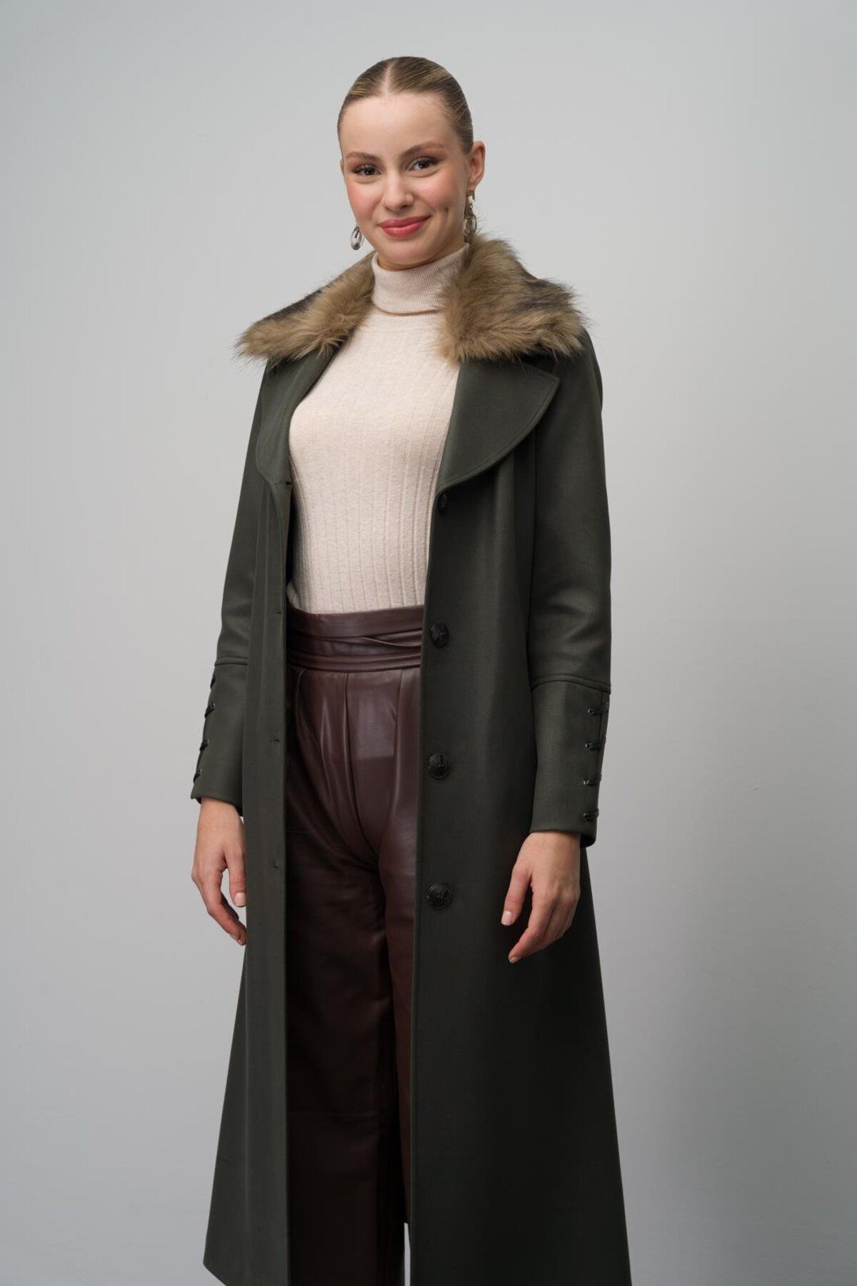 Olcay-Gabardine Suede Look Cap with Removable Collar Fur Leather Belt and Unit Detail Khaki 6645 6