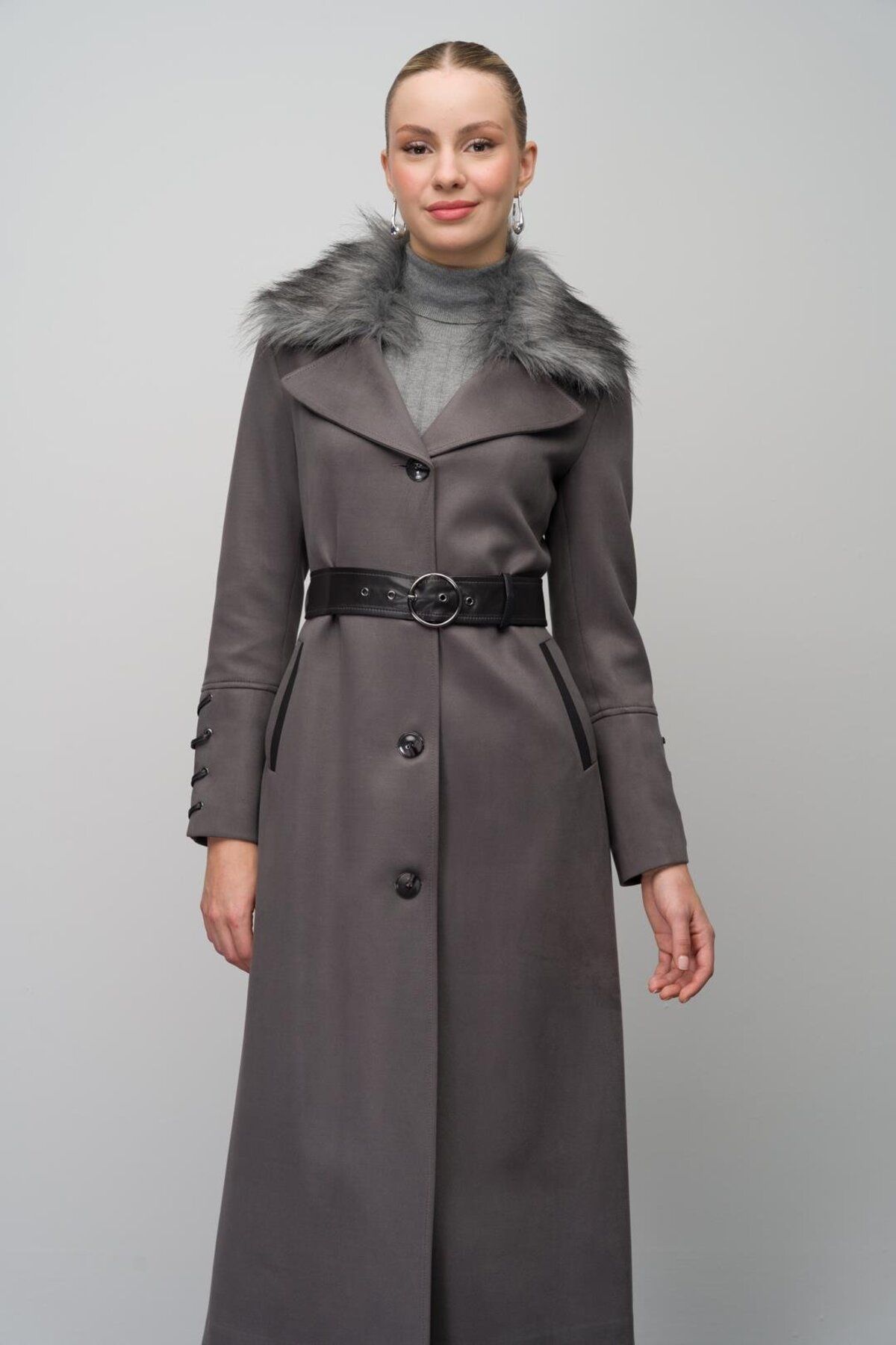 Olcay-Gabardine Suede Cap with Detachable Collar Shearling Leather Belt and Birit Detail - Gri 6645 2