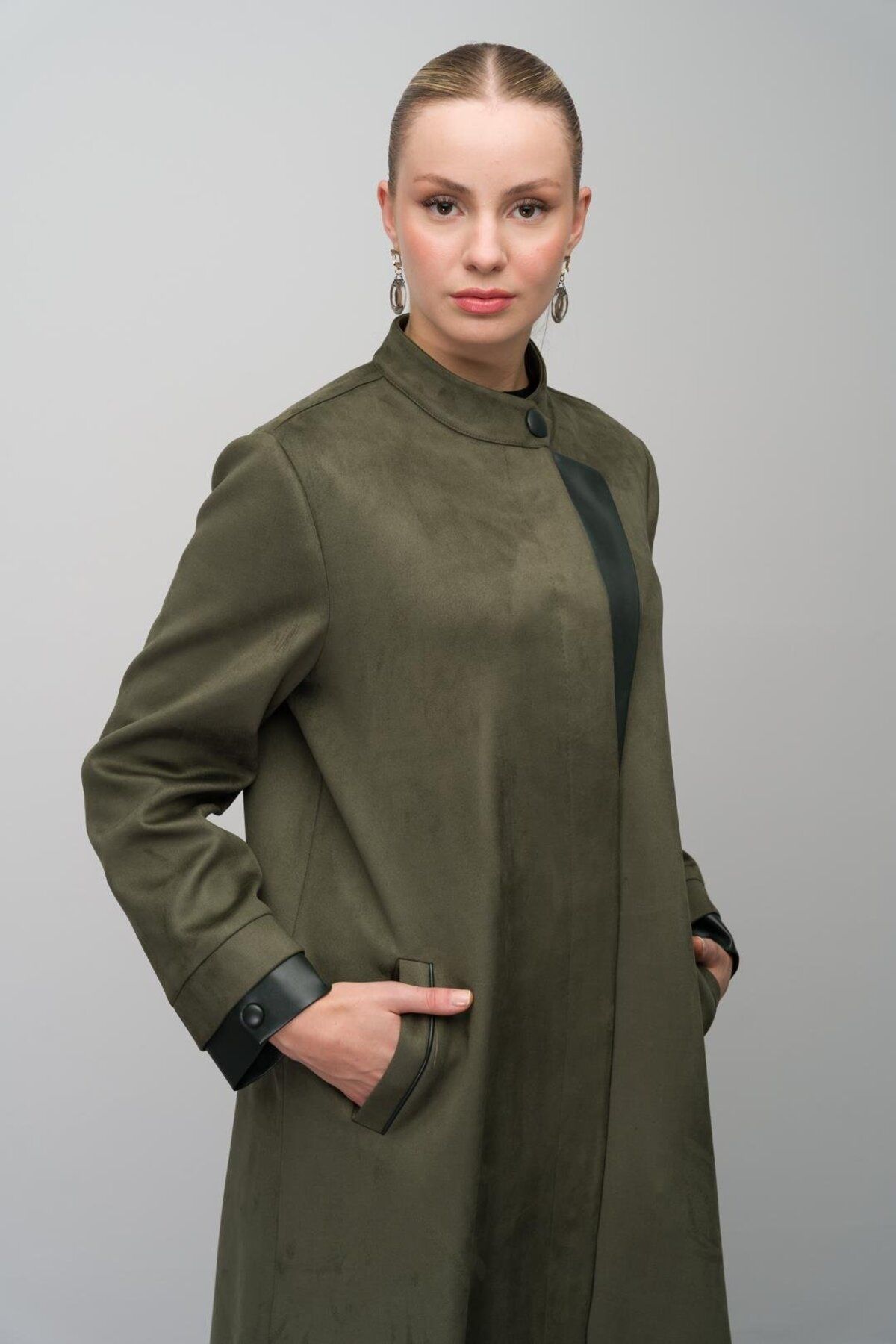 Olcay-Plus Size Suede Look Leather Top Coat - Khaki 6671 4