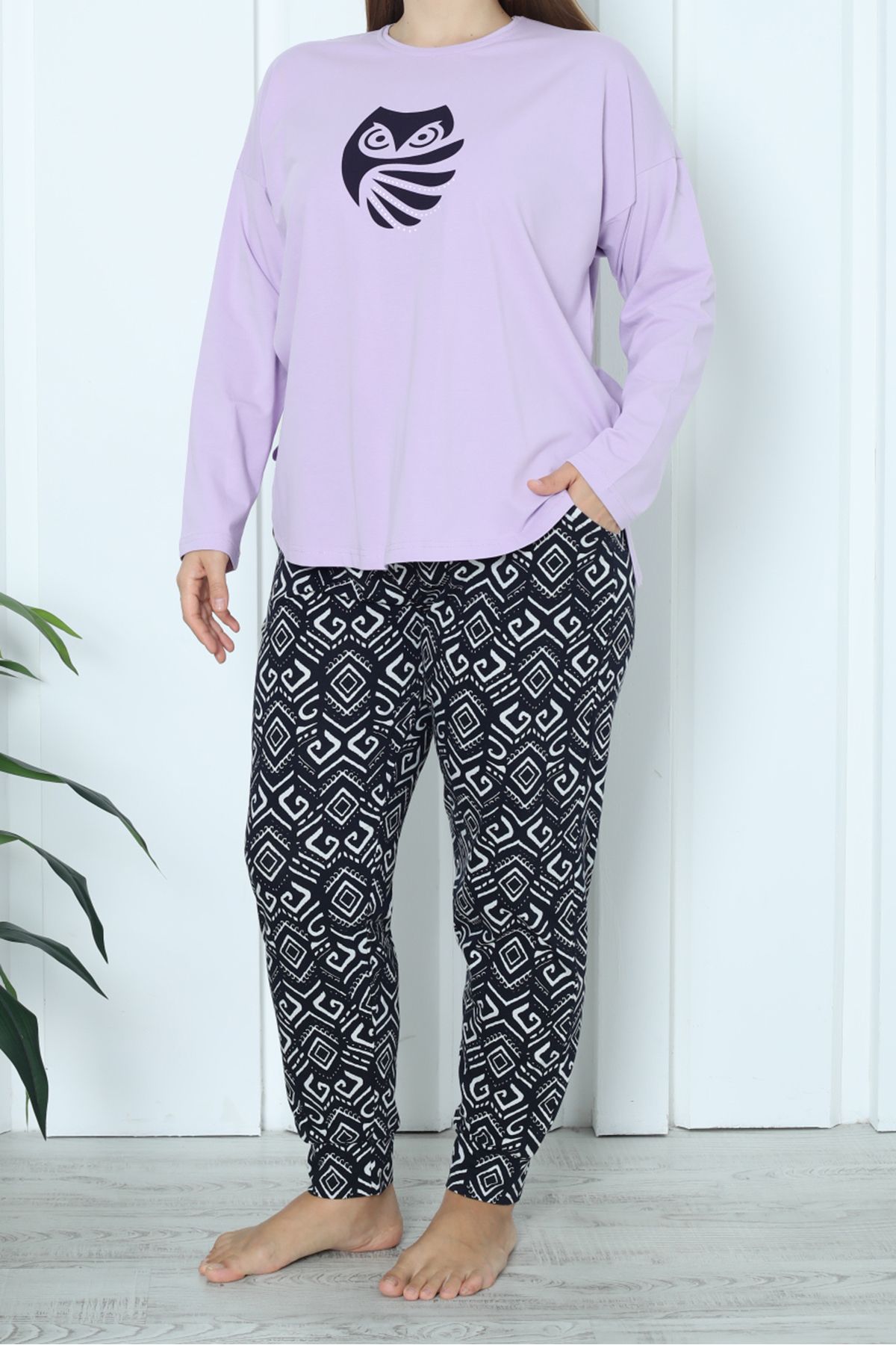 Nicoletta-Plus Size Lila Pajama Set - Long Sleeve and Pocket 1